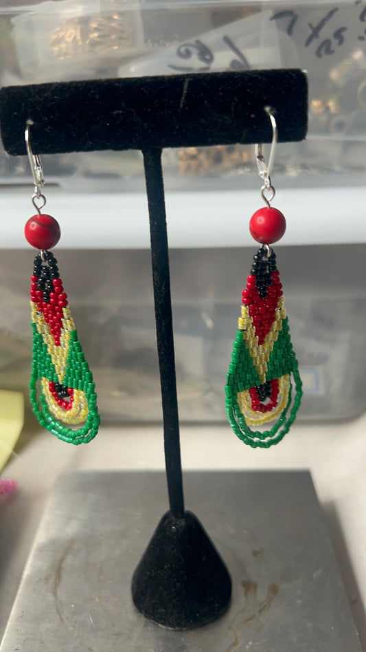 Juneteenth Hand-Woven Teardrop Earrings with Red Bead