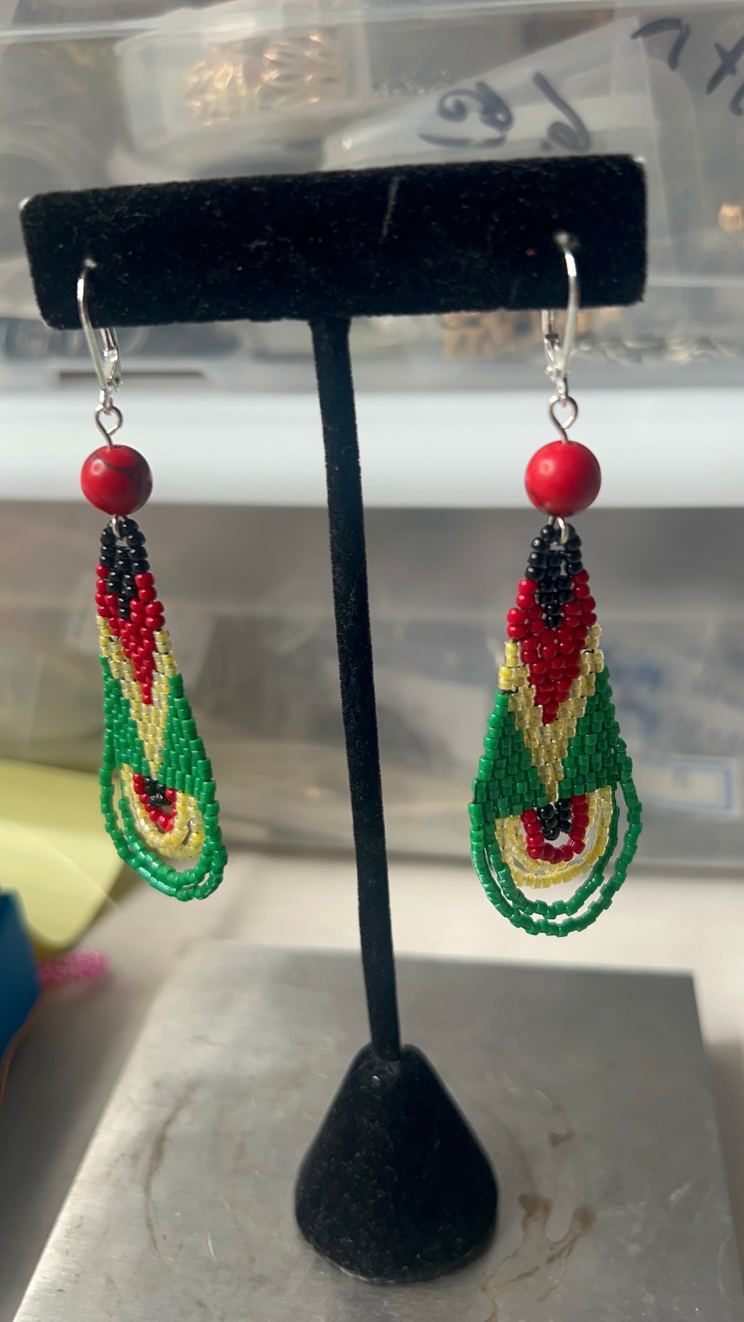 Juneteenth Hand-Woven Teardrop Earrings with Red Bead