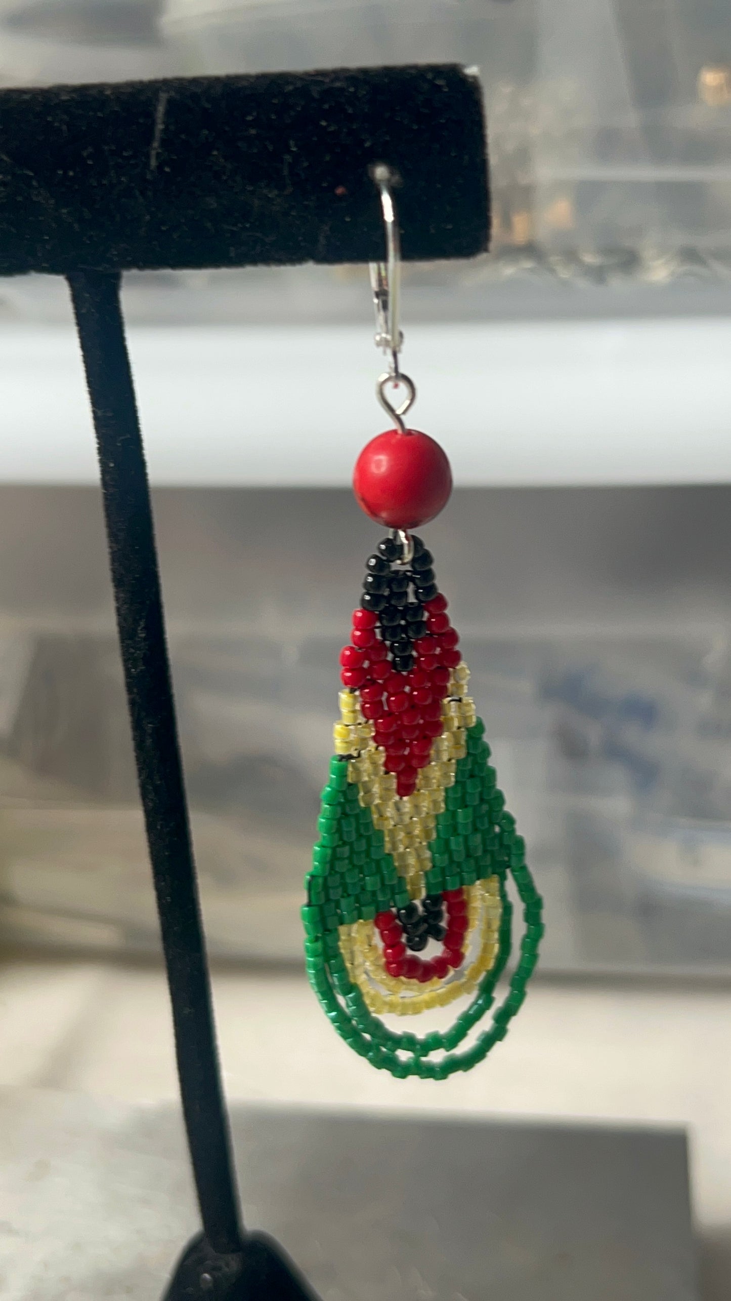 Juneteenth Hand-Woven Teardrop Earrings with Red Bead