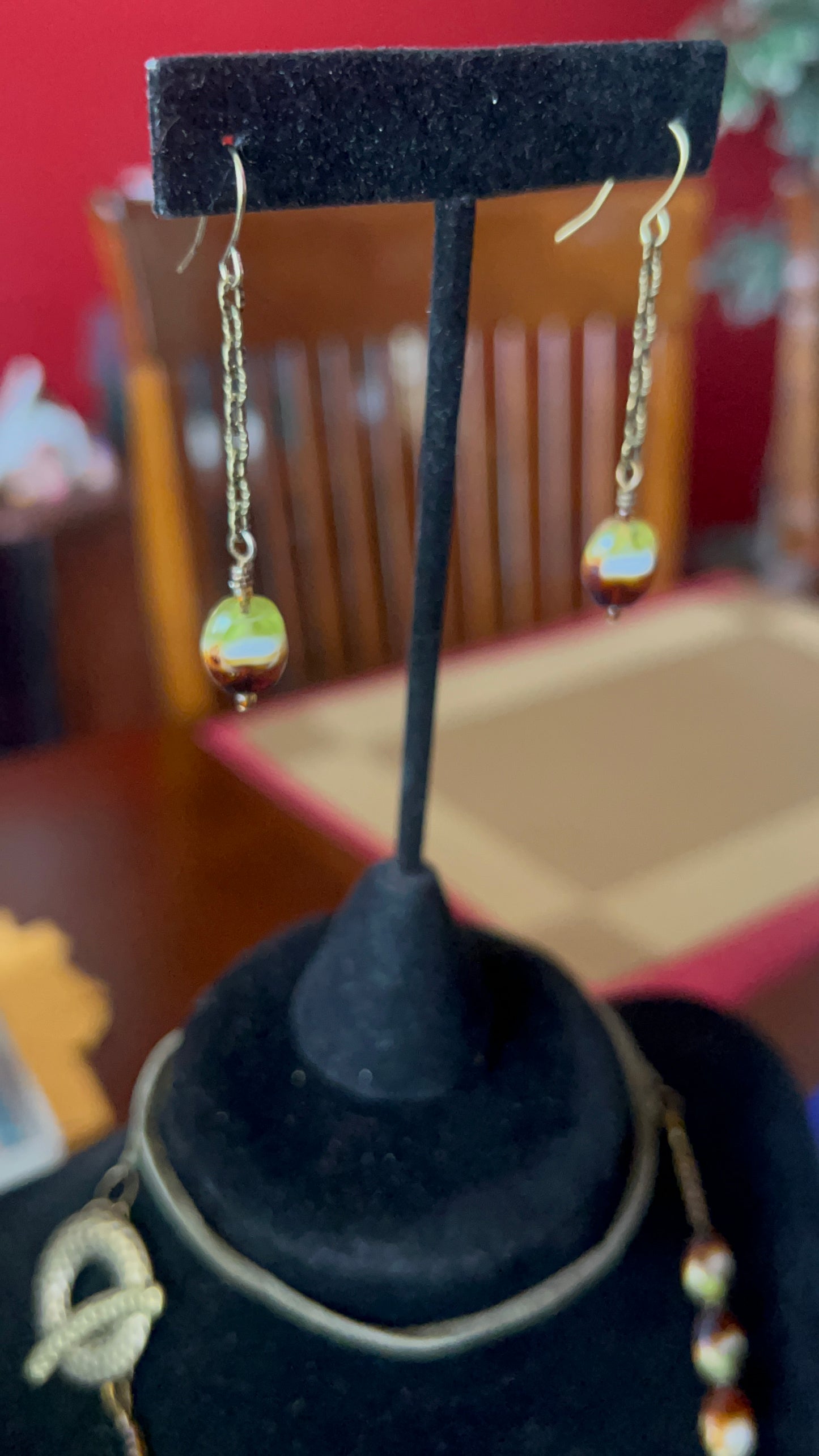 Green, Brown & Cream Czech Glass, Green Suede, Front Brass Toggle Clasp Closure Necklace, and Earring Set.