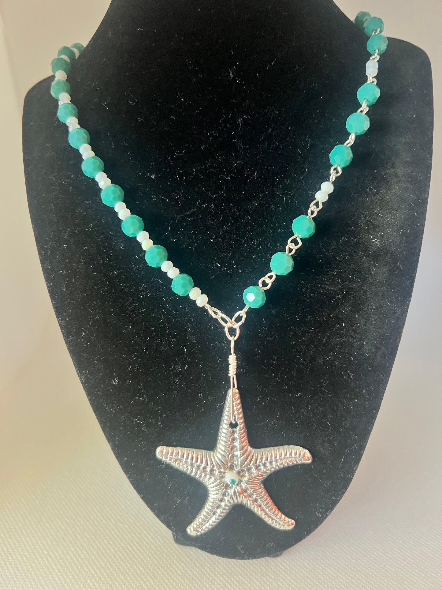 Turquoise and Alabaster Crystal Beaded Necklace with Large Starfish Pendant and Alabaster Crystal Beaded Earrings with Silver Starfish