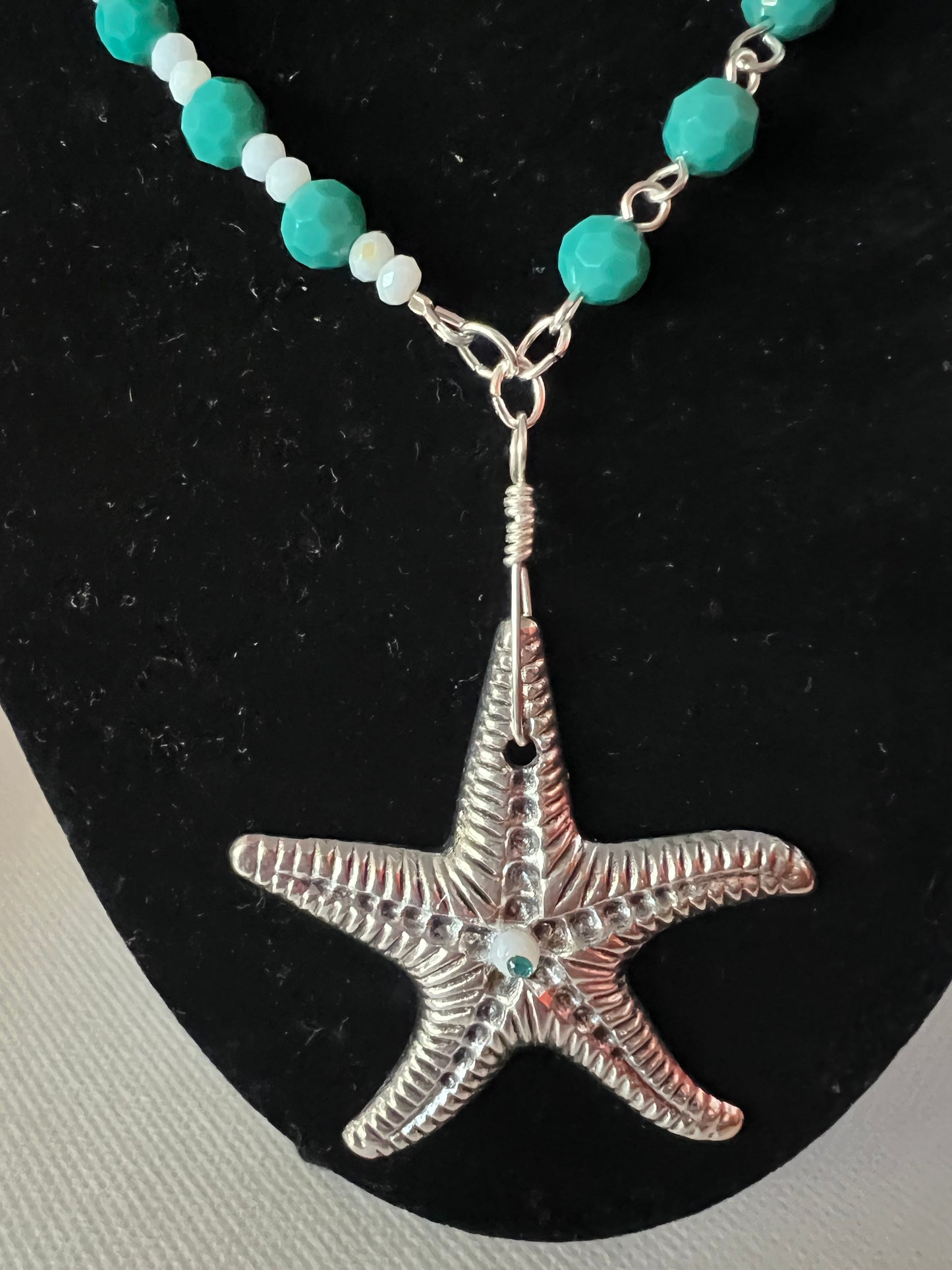 Turquoise and Alabaster Crystal Beaded Necklace with Large Starfish Pendant and Alabaster Crystal Beaded Earrings with Silver Starfish