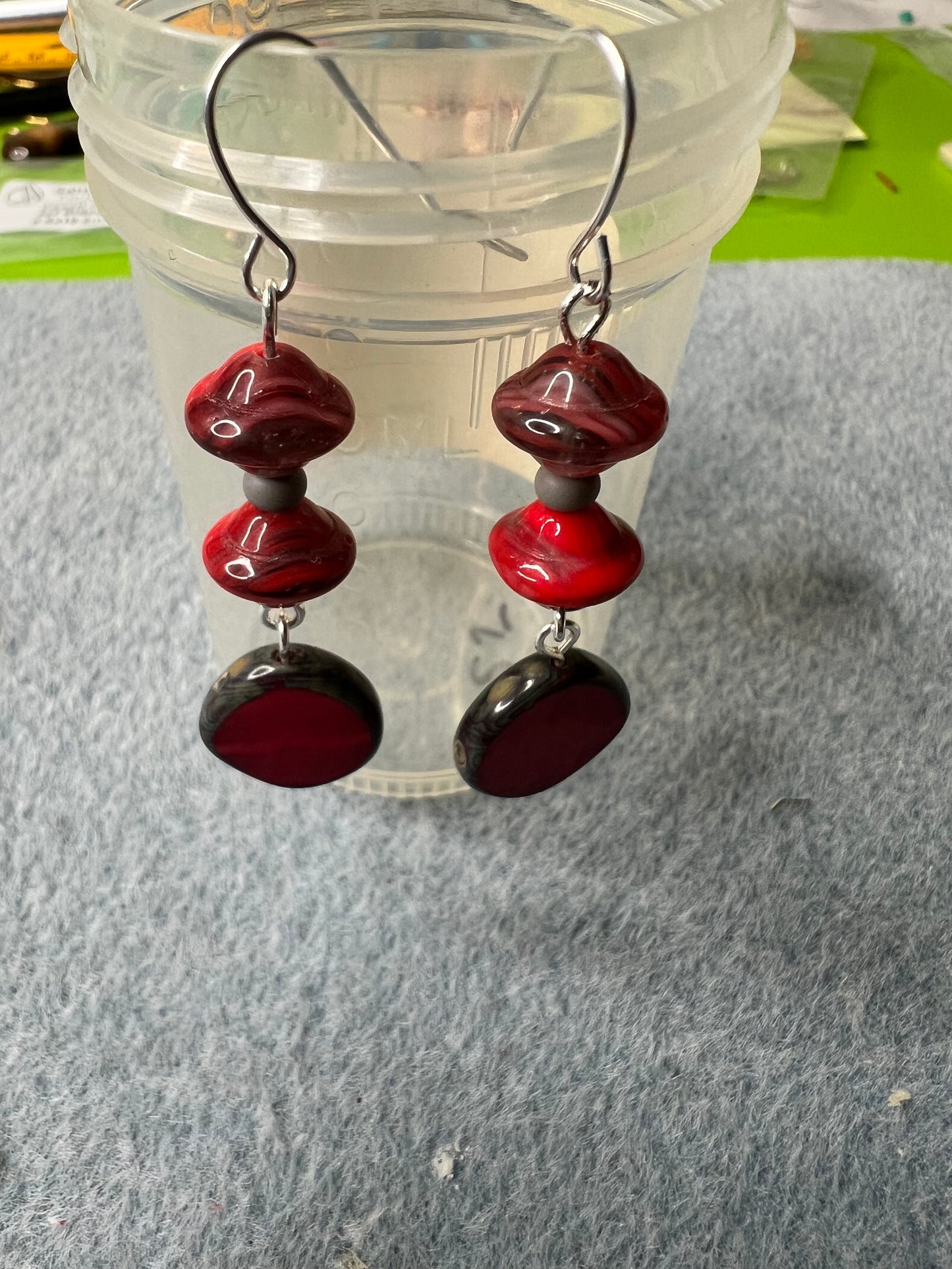 Saturn Red Rock, Silky Red Picasso and a little gray Earrings