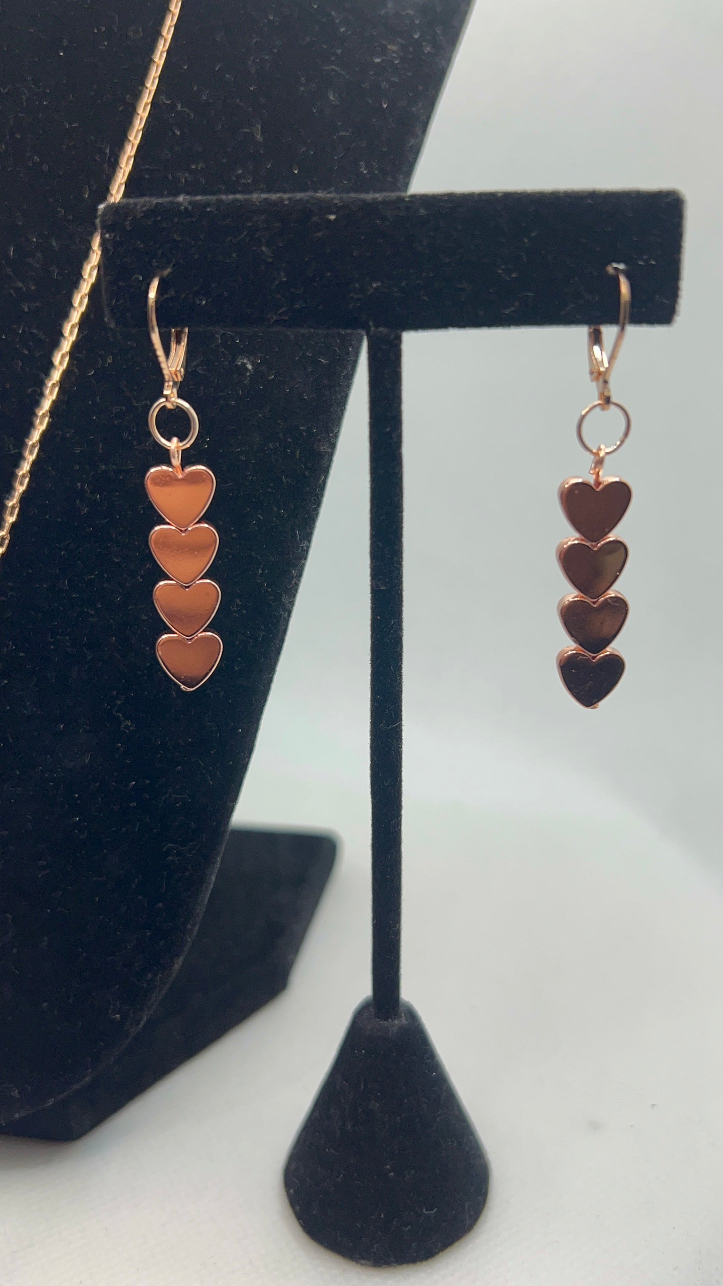 Rose gold Heart Earrings and Necklace with Rose Gold hearts and cube pendant