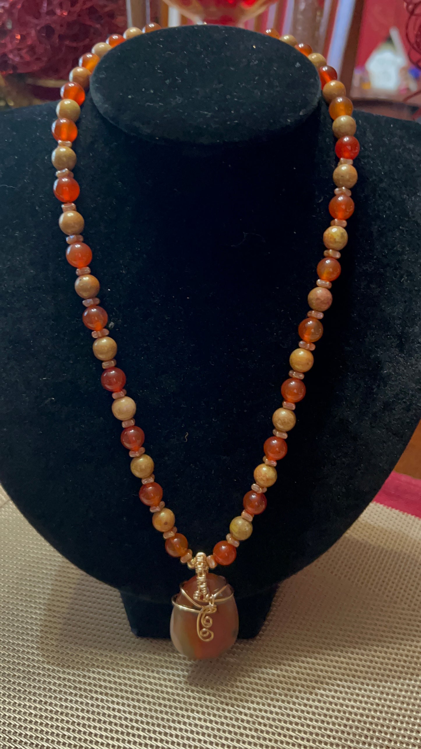 Carnelian and Mottled Stone Necklace with Large Carnelian Gold Wrapped Pendant