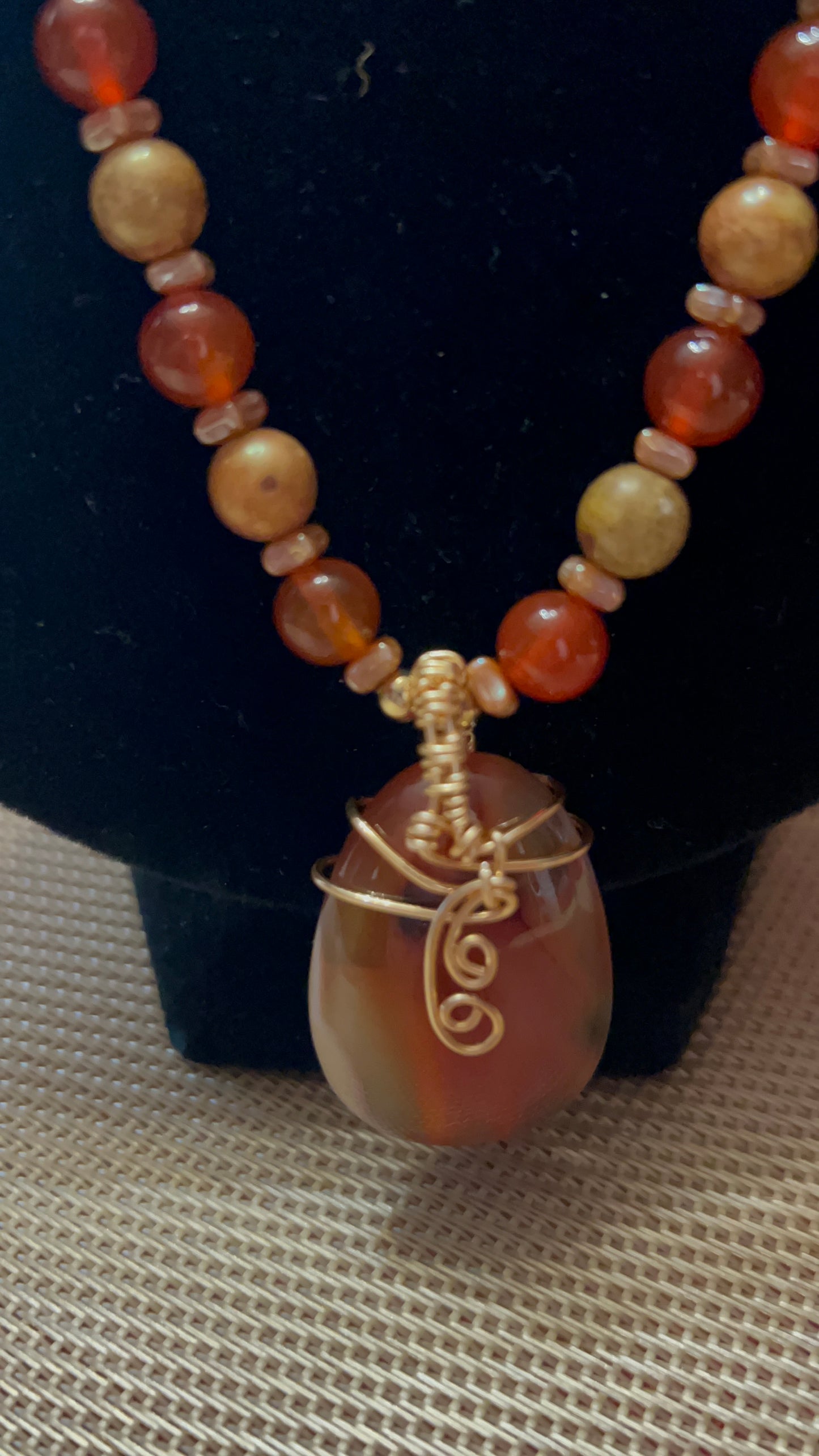 Carnelian and Mottled Stone Necklace with Large Carnelian Gold Wrapped Pendant