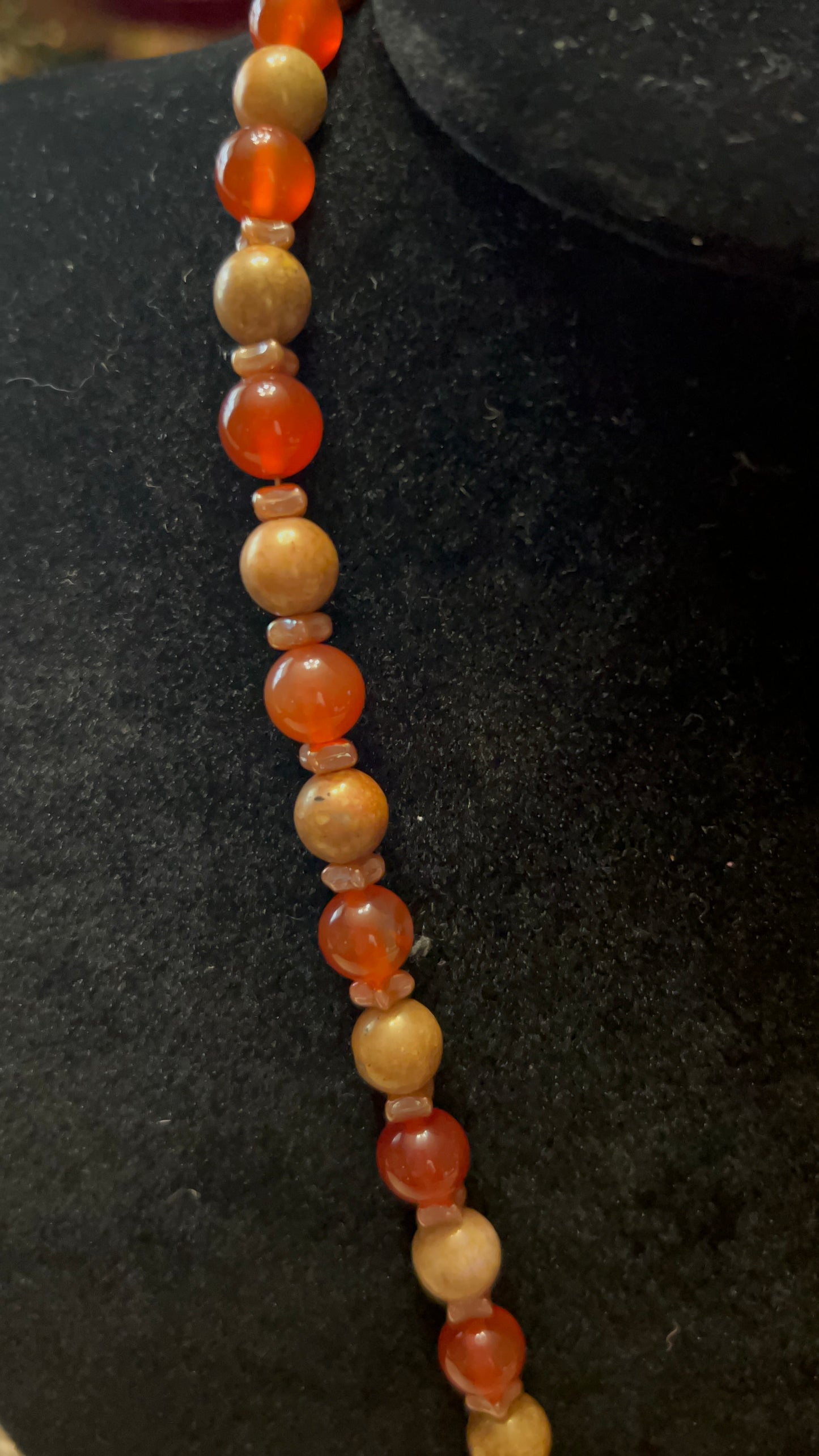 Carnelian and Mottled Stone Necklace with Large Carnelian Gold Wrapped Pendant