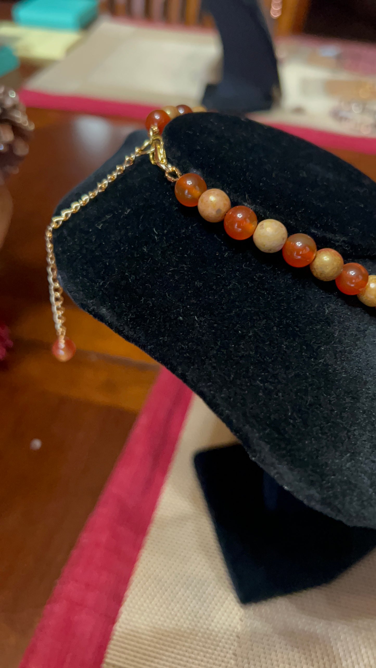 Carnelian and Mottled Stone Necklace with Large Carnelian Gold Wrapped Pendant