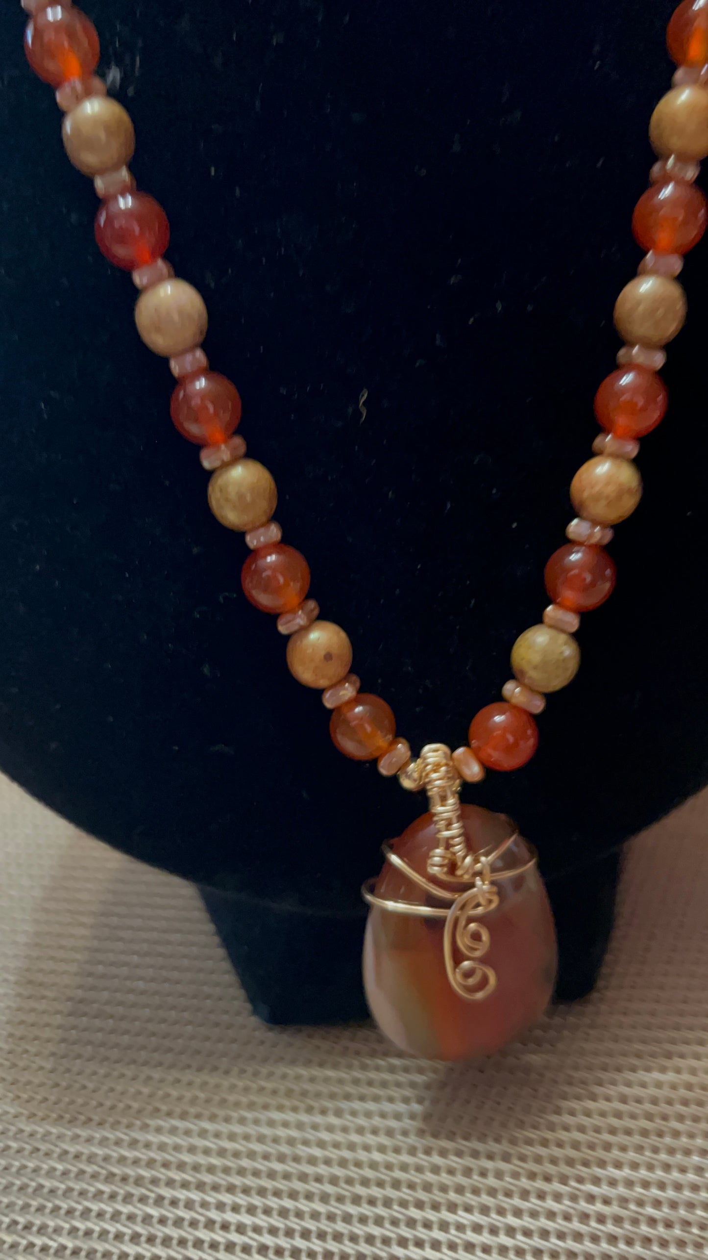 Carnelian and Mottled Stone Necklace with Large Carnelian Gold Wrapped Pendant