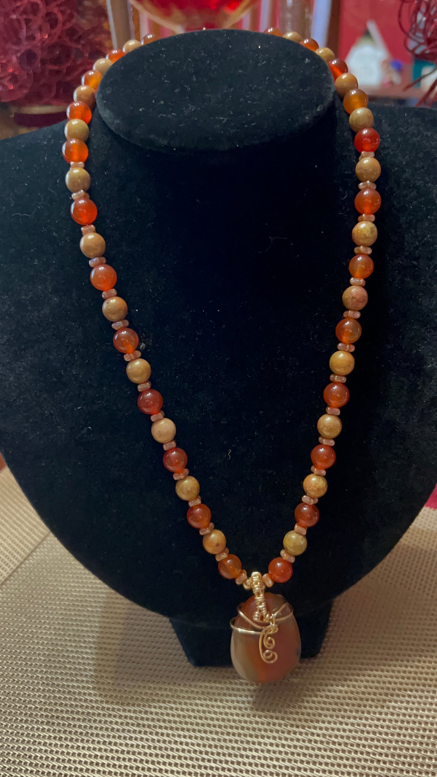 Carnelian and Mottled Stone Necklace with Large Carnelian Gold Wrapped Pendant