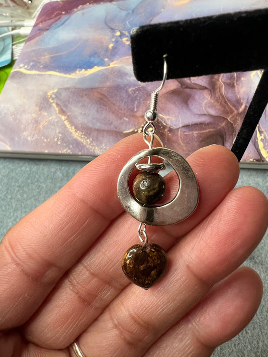 Bronzite and Silver Earrings with Bronzite Heart