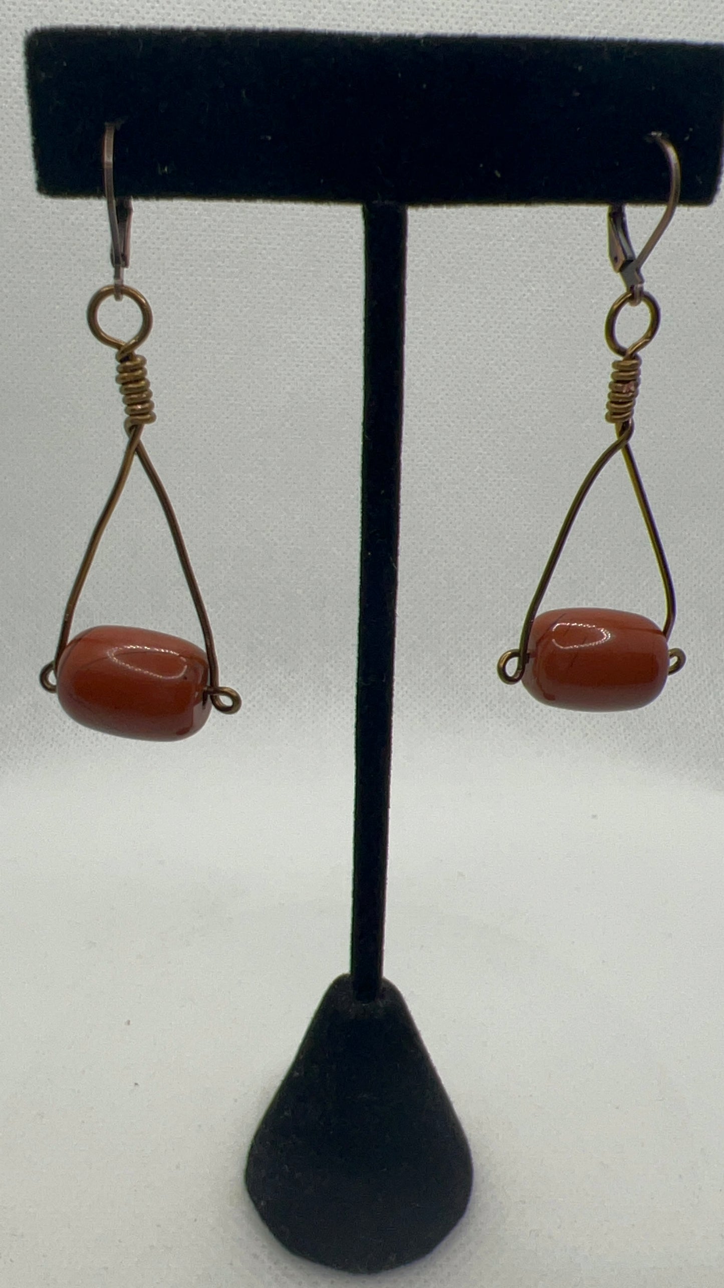 Red Jasper Barrel Bead and Vintage Bronze Wire Earrings