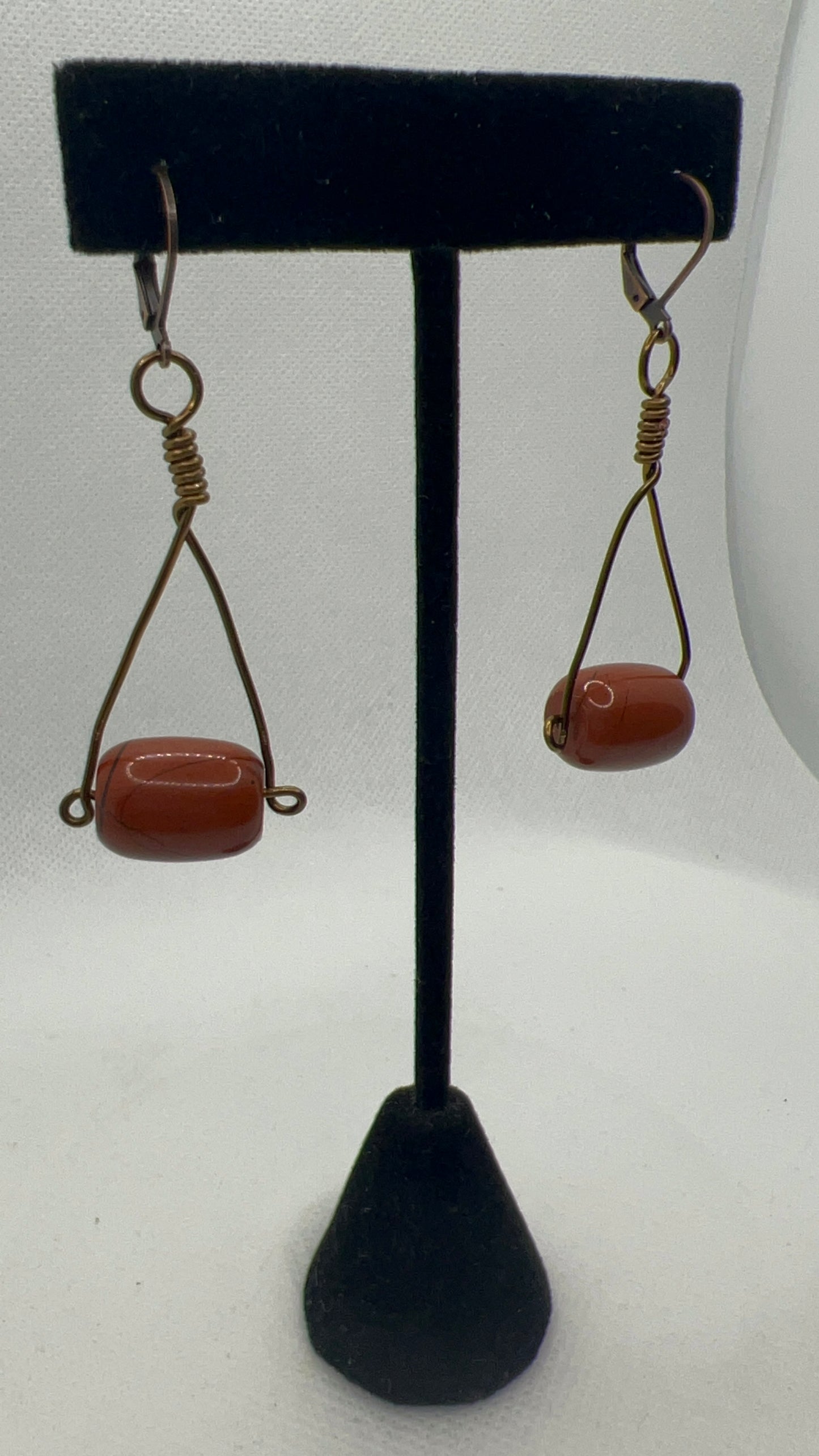 Red Jasper Barrel Bead and Vintage Bronze Wire Earrings