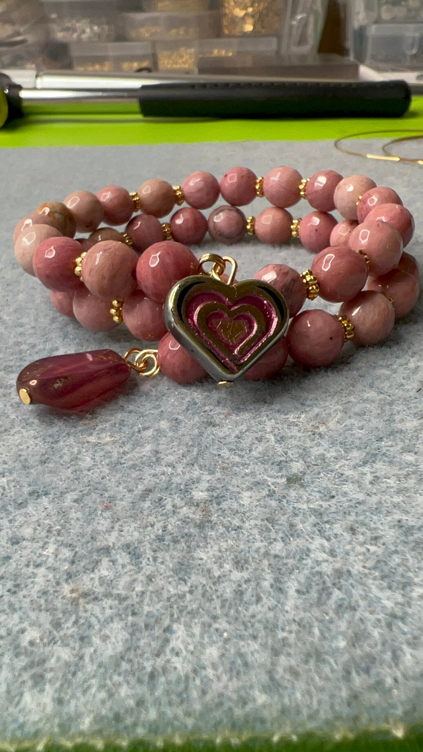 Pink Opal Bronze Heart and Pink Wash vitrail Focals on Pink Rhodonite Beaded Wrap Bangle