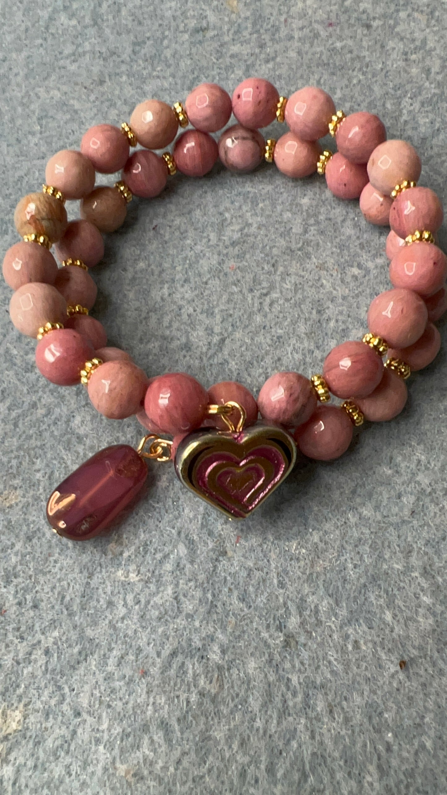 Pink Opal Bronze Heart and Pink Wash vitrail Focals on Pink Rhodonite Beaded Wrap Bangle