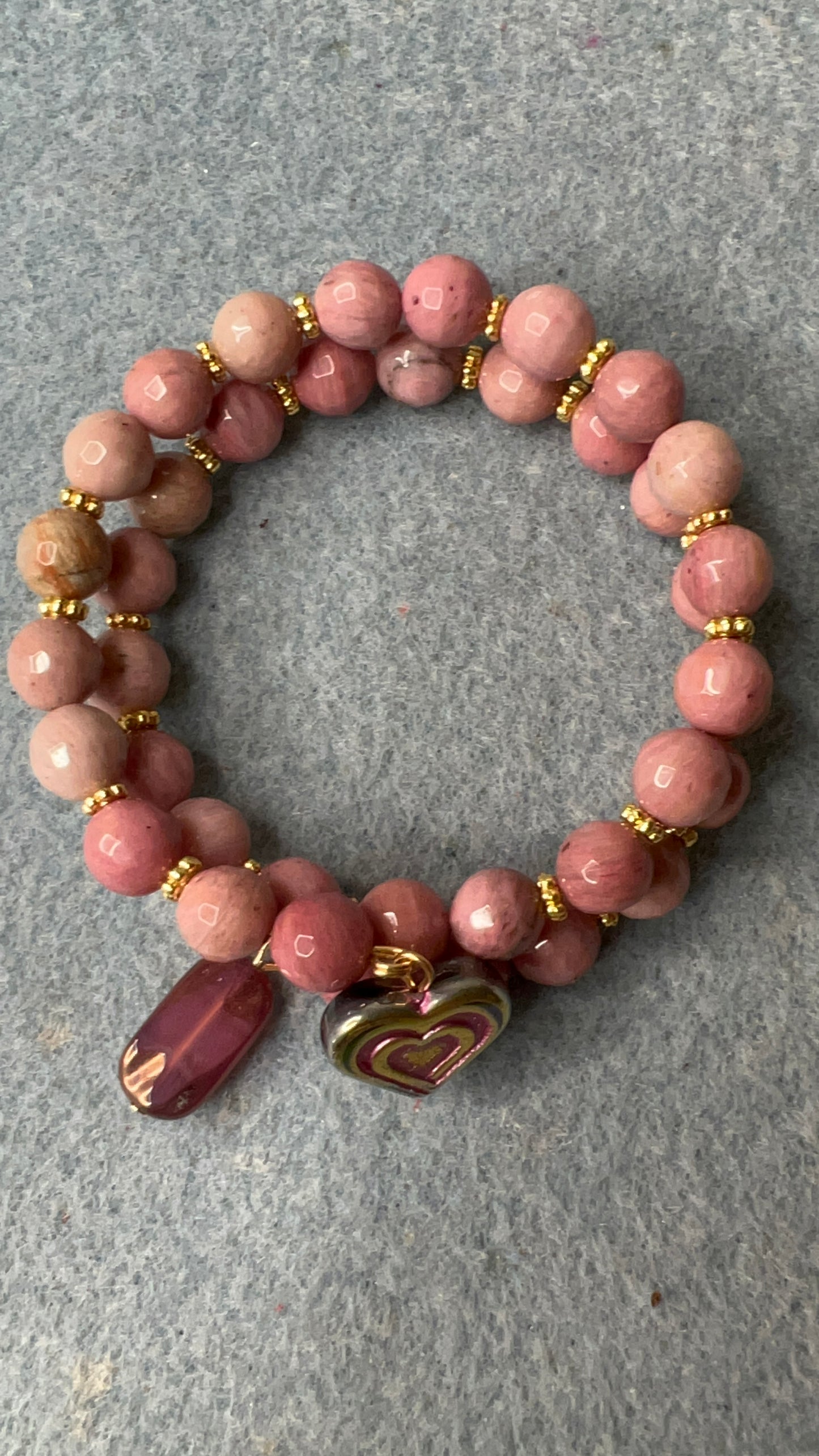 Pink Opal Bronze Heart and Pink Wash vitrail Focals on Pink Rhodonite Beaded Wrap Bangle