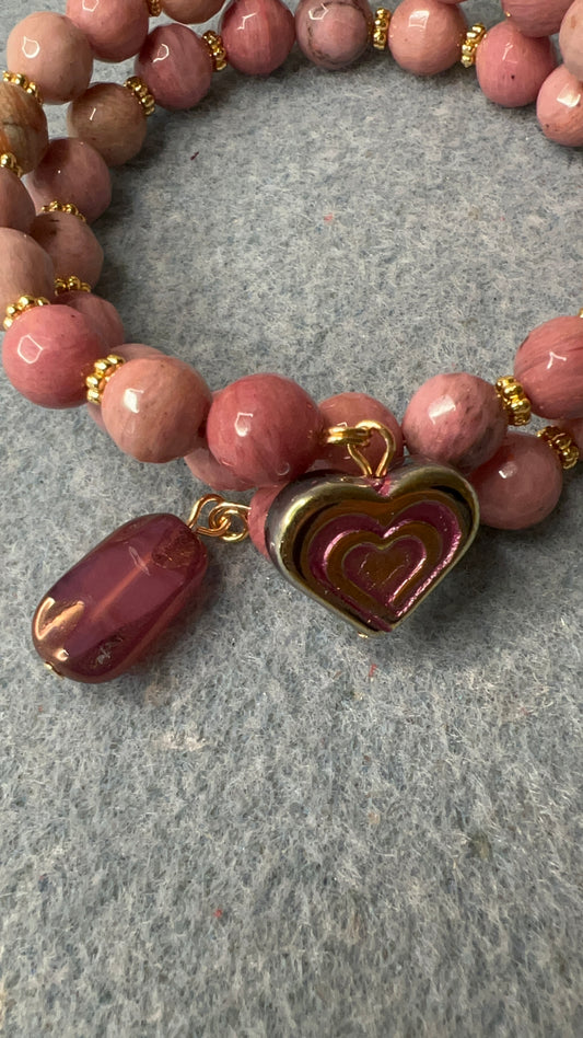 Pink Opal Bronze Heart and Pink Wash vitrail Focals on Pink Rhodonite Beaded Wrap Bangle