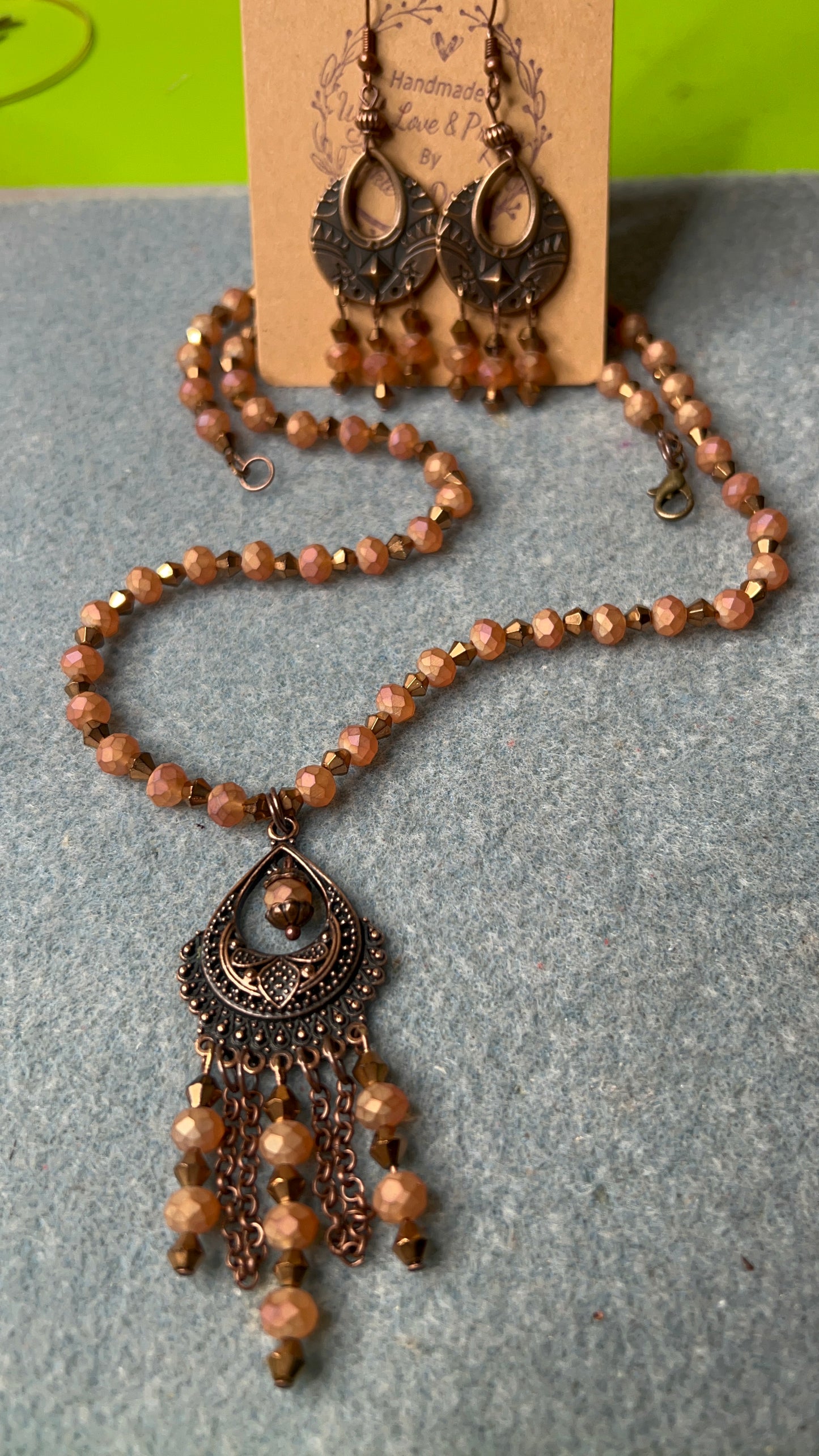 Matte Magma Crystal with Copper Metallic Crystal Necklace Chandelier Pendant and matching chandelier earrings