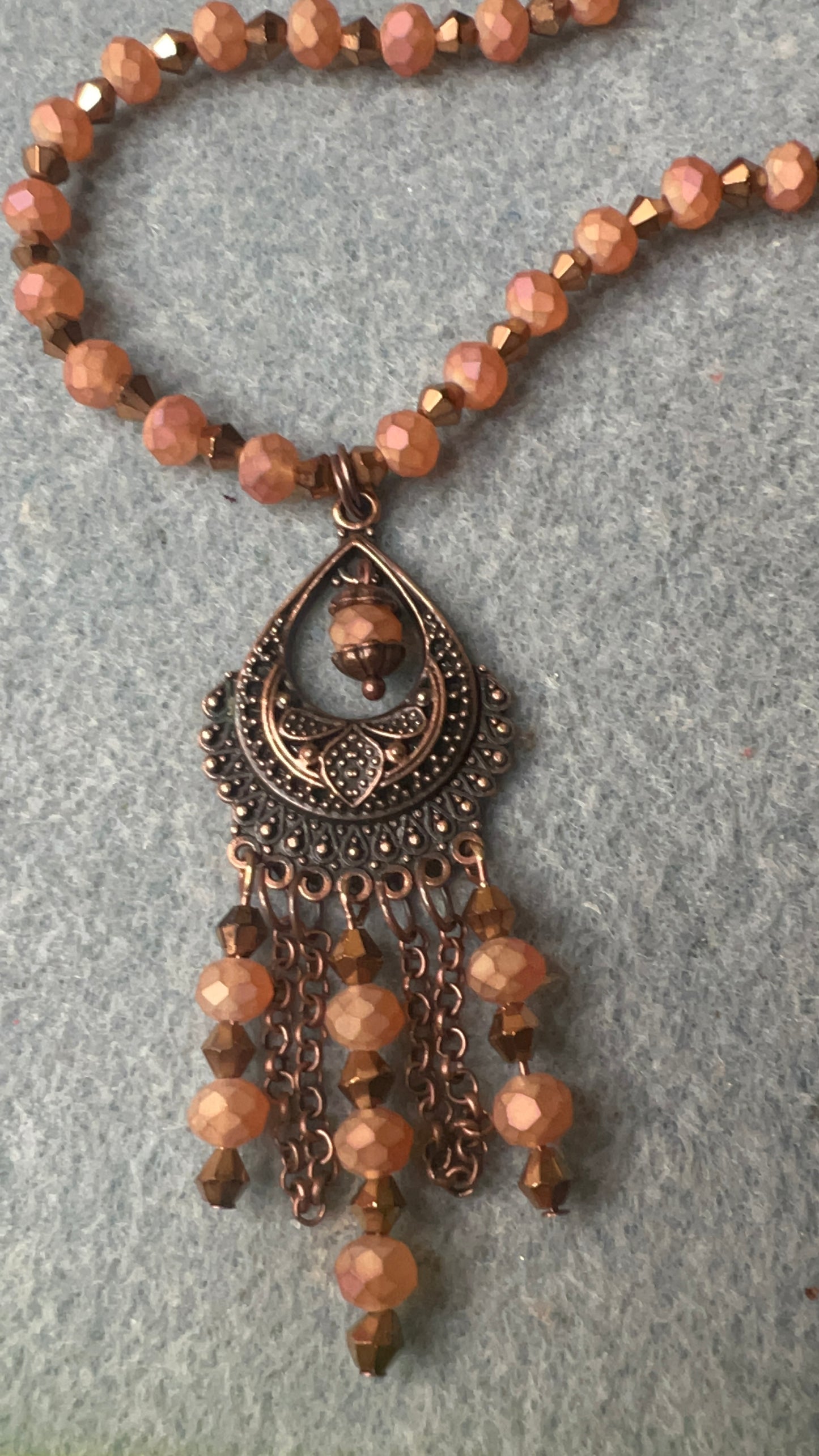 Matte Magma Crystal with Copper Metallic Crystal Necklace Chandelier Pendant and matching chandelier earrings