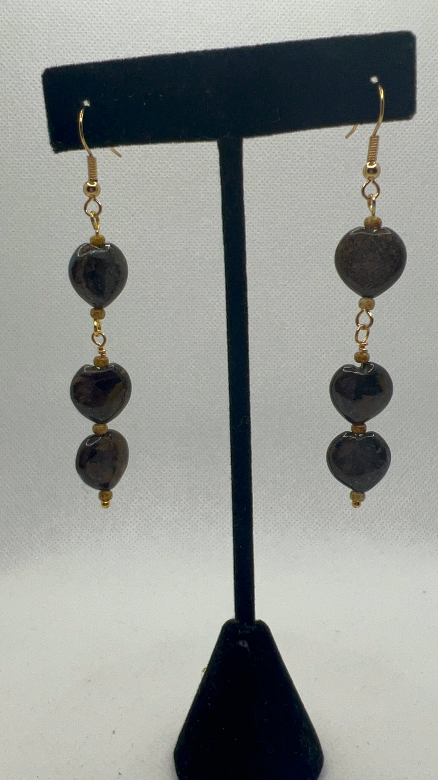 Bronzite Heart and Barley Earrings with Gold Ear wires