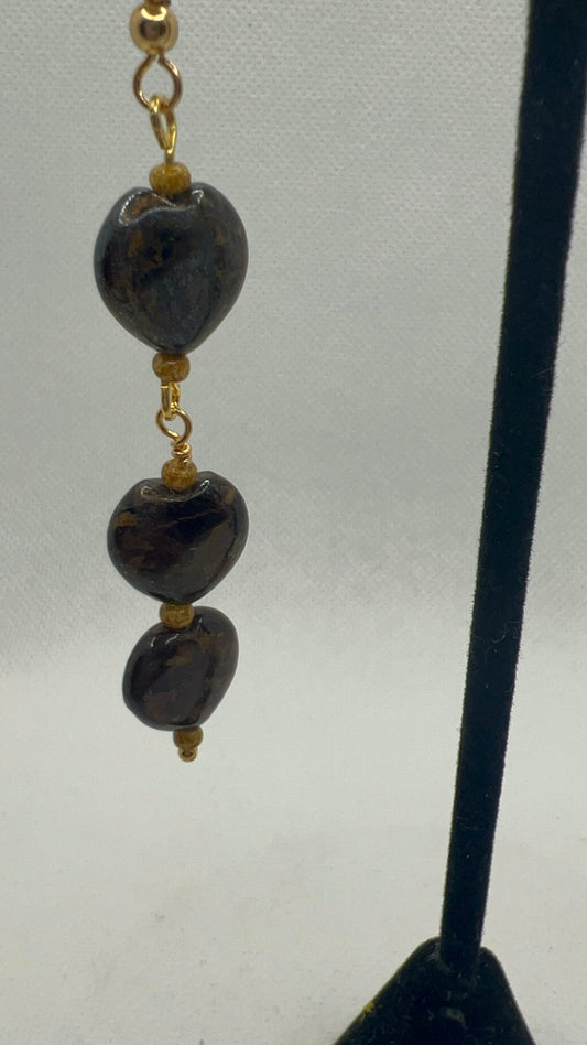 Bronzite Heart and Barley Earrings with Gold Ear wires