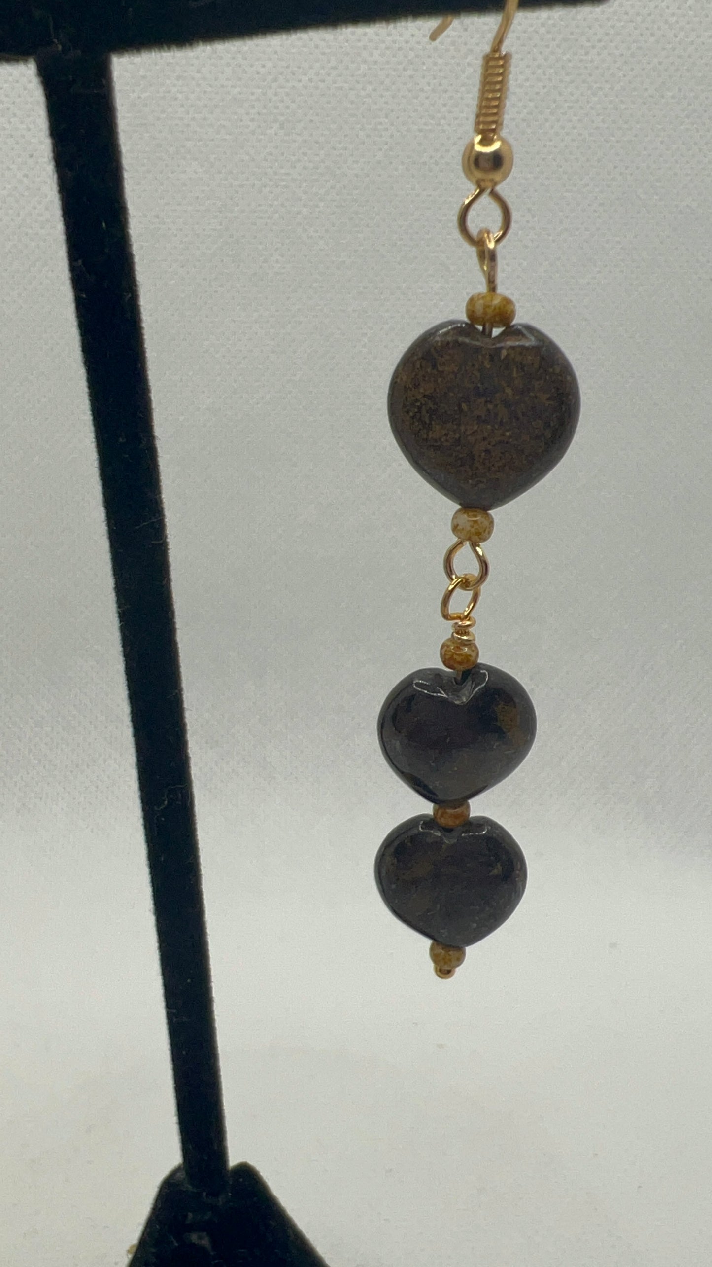 Bronzite Heart and Barley Earrings with Gold Ear wires