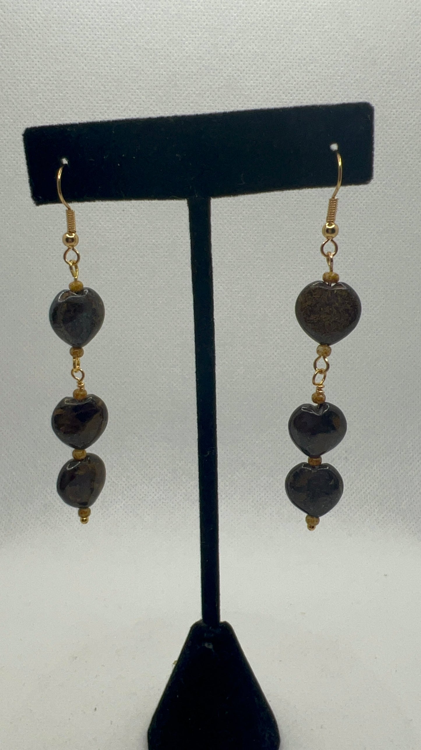 Bronzite Heart and Barley Earrings with Gold Ear wires