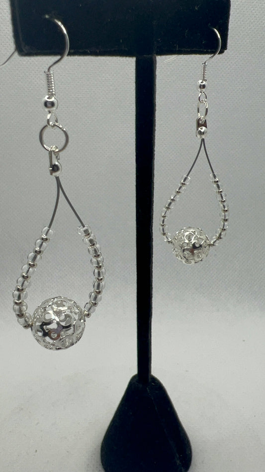 Silver Meshed Ball and clear crystals Dangle earrings