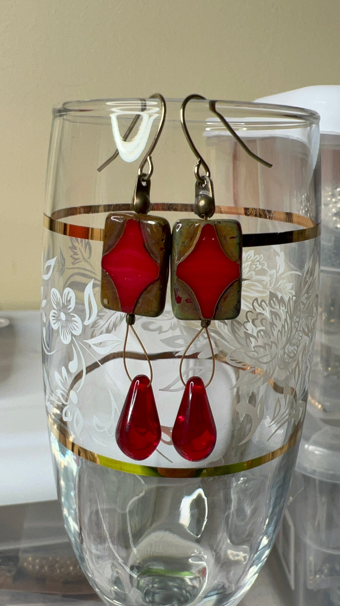 Fiery Sunset and Red Czech Glass Rectangle and Long Teardrop earrings