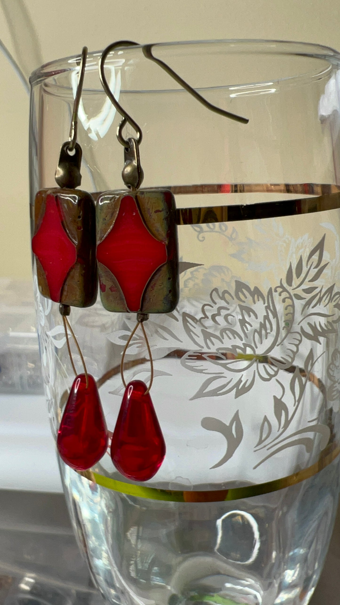 Fiery Sunset and Red Czech Glass Rectangle and Long Teardrop earrings