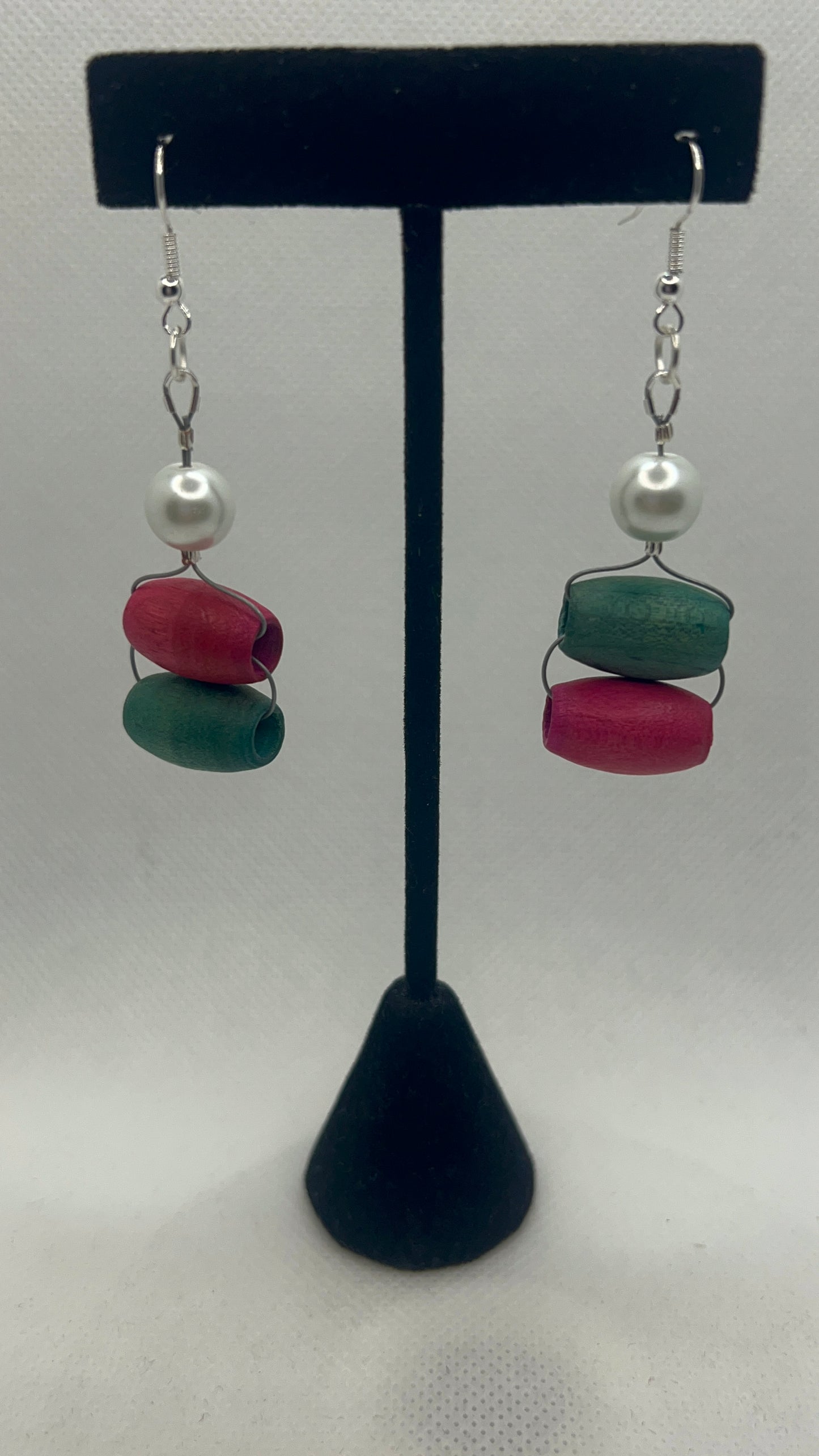 Pink and Green Wood Beads and White Pearl Earrings