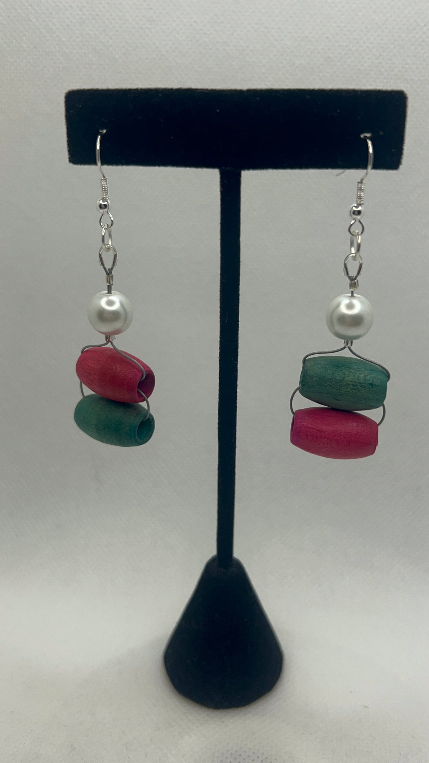 Pink and Green Wood Beads and White Pearl Earrings