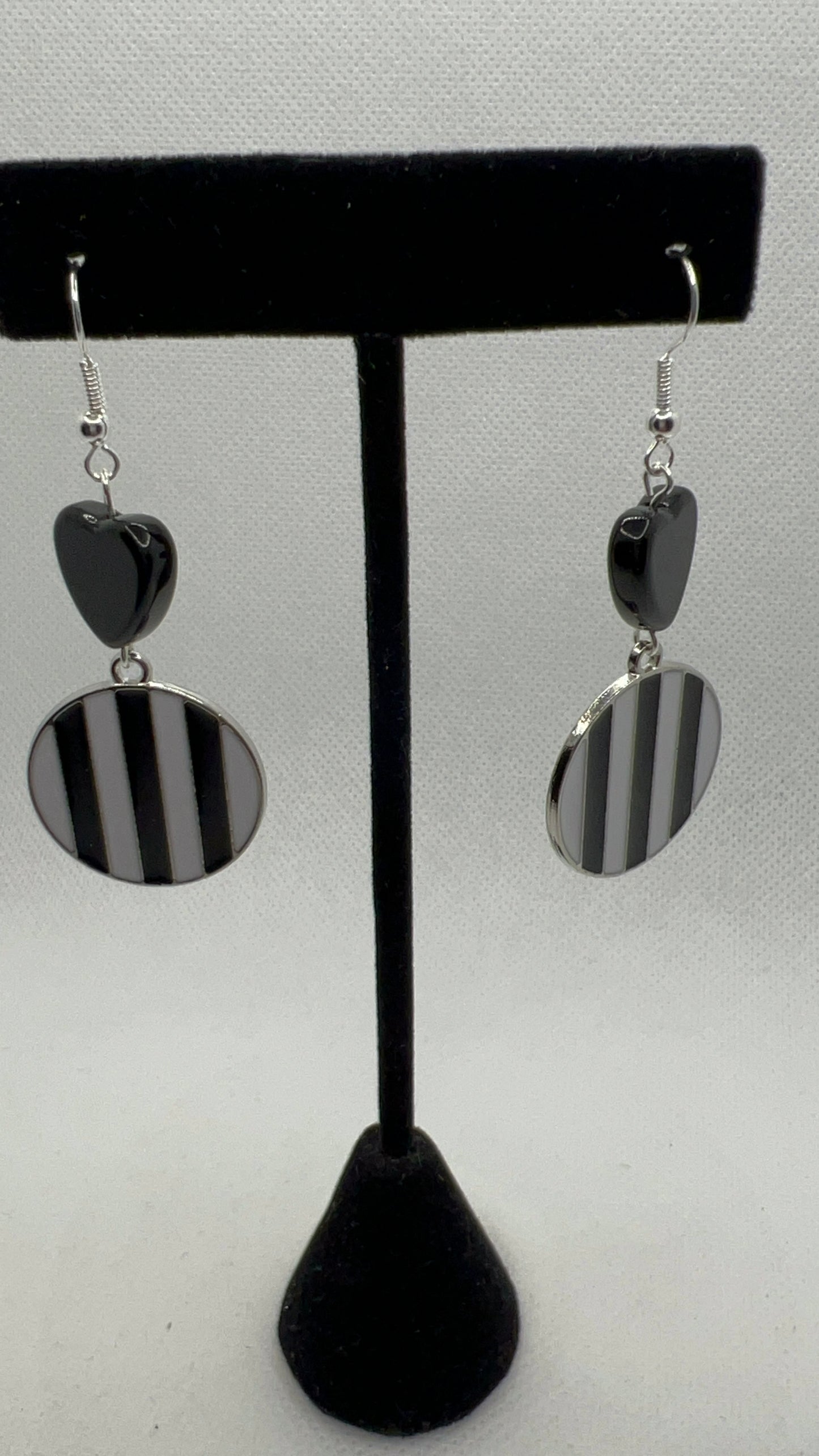 Black and White Striped Earrings with Black Heart