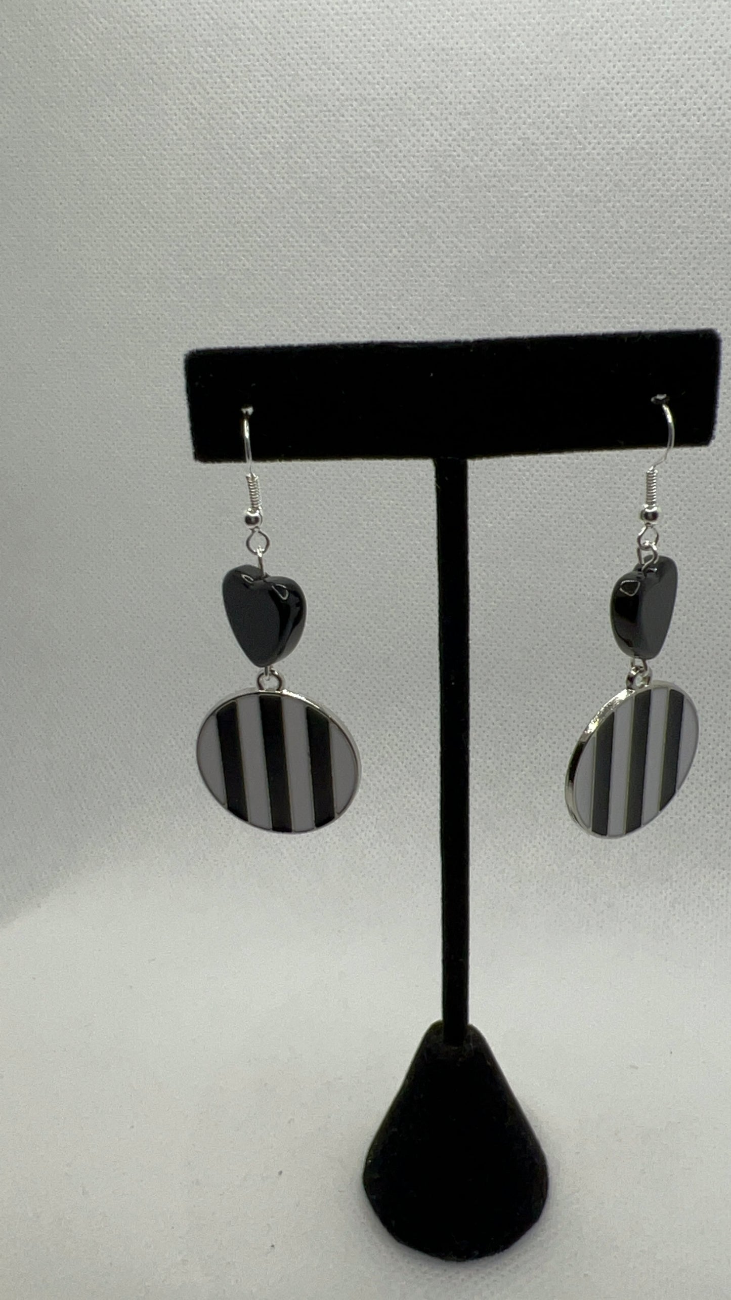 Black and White Striped Earrings with Black Heart