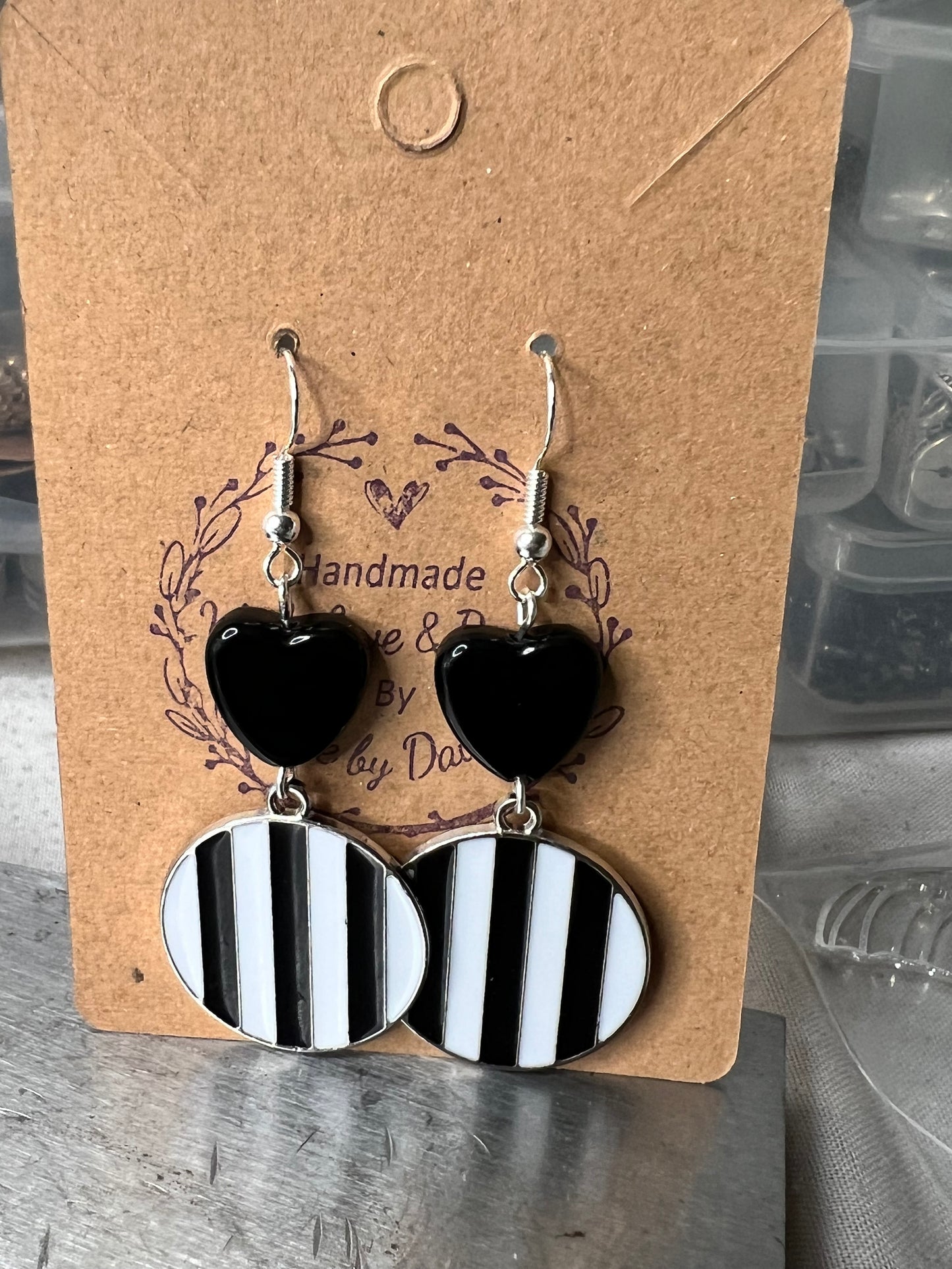 Black and White Striped Earrings with Black Heart