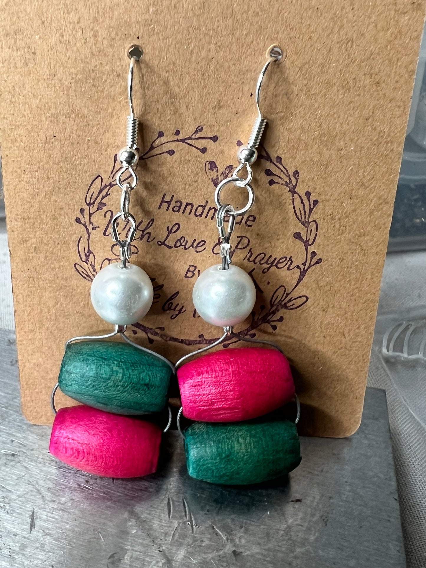 Pink and Green Wood Beads and White Pearl Earrings