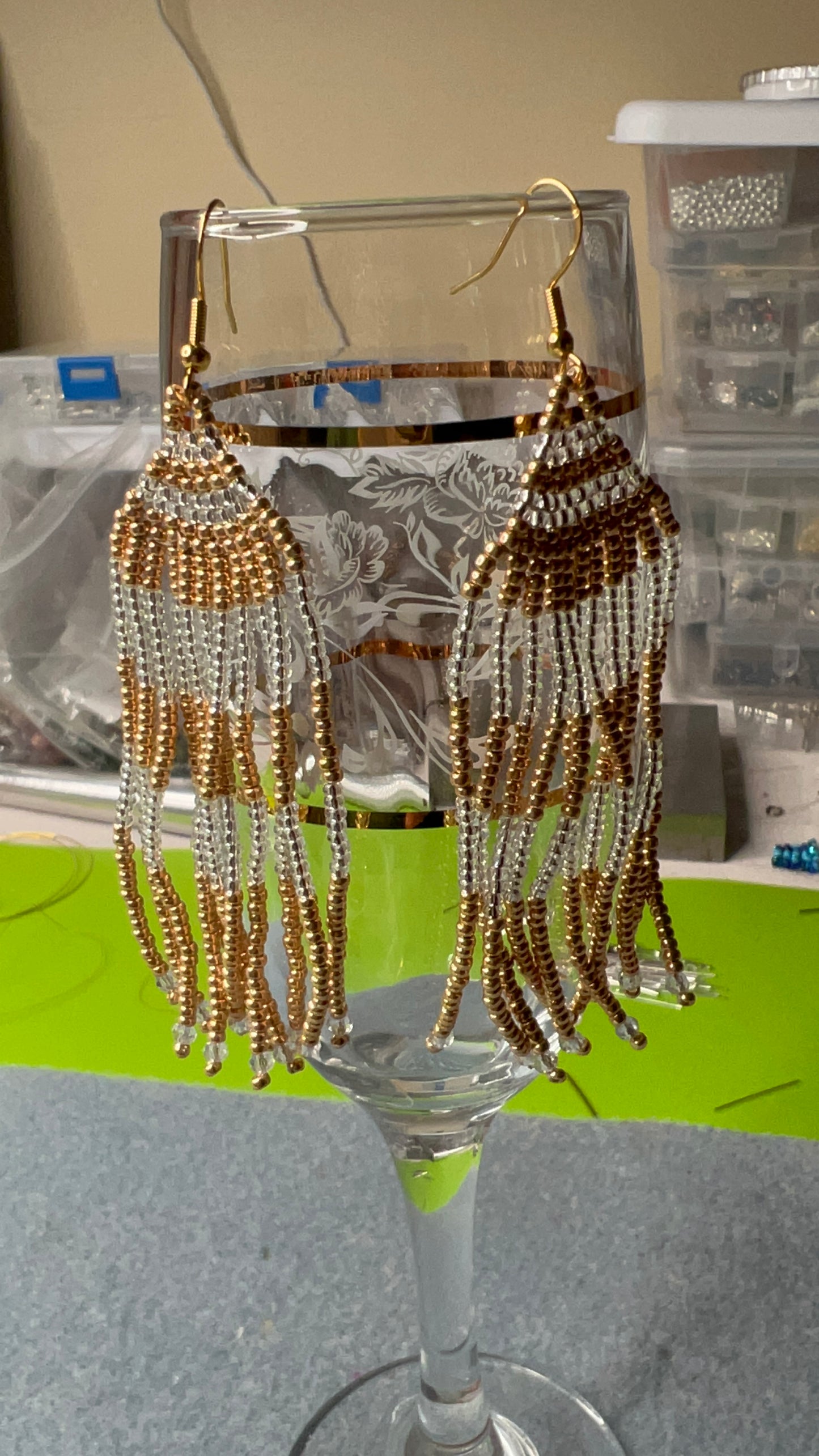 Gold and Clear/Silver Beaded Fringe Earrings with clear crystals