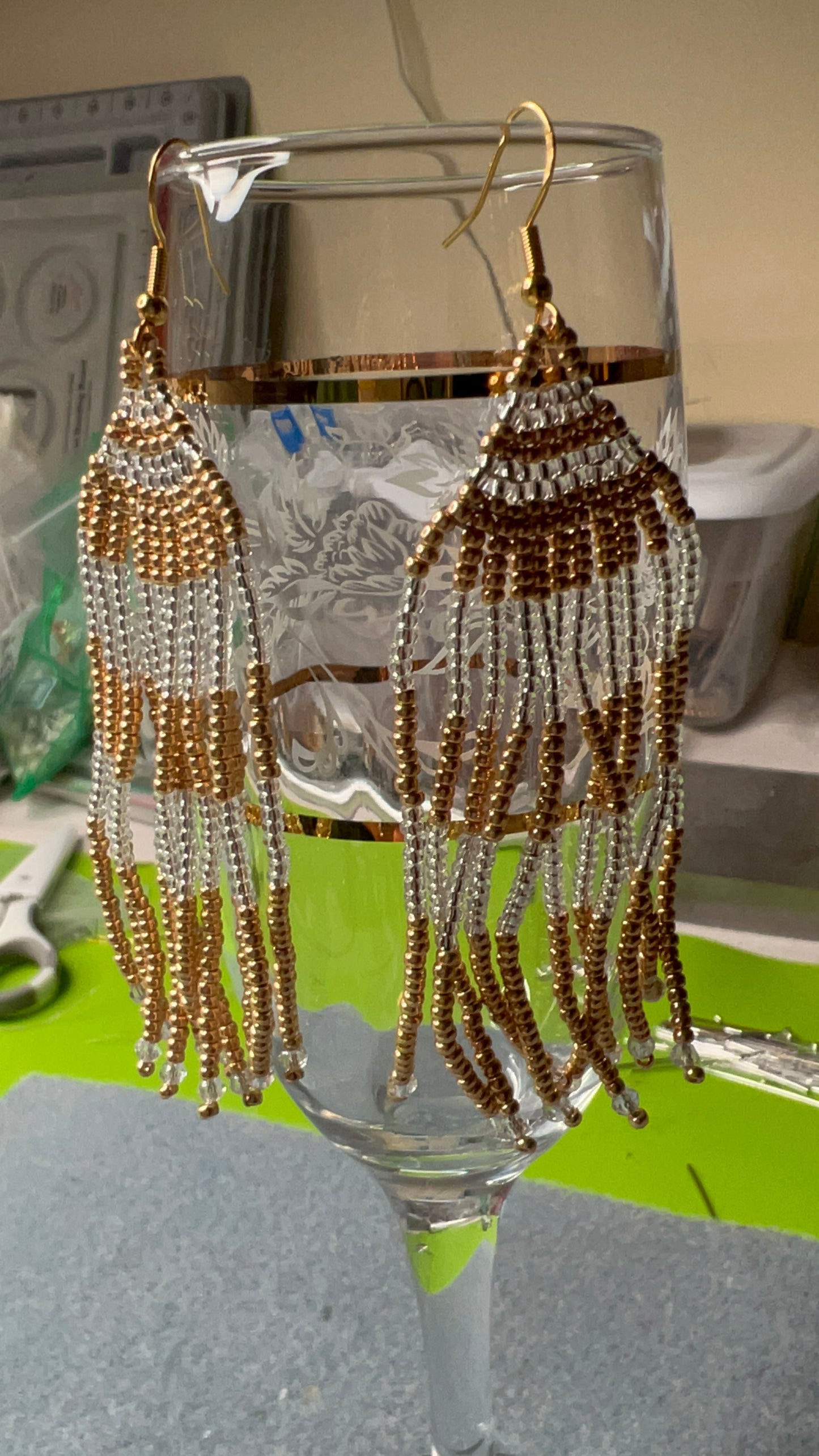 Gold and Clear/Silver Beaded Fringe Earrings with clear crystals