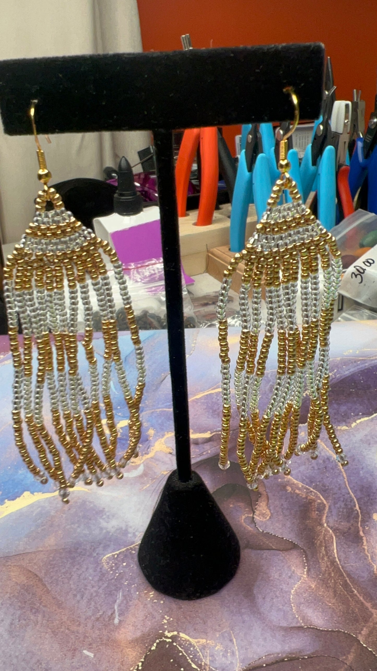 Gold and Clear/Silver Beaded Fringe Earrings with clear crystals