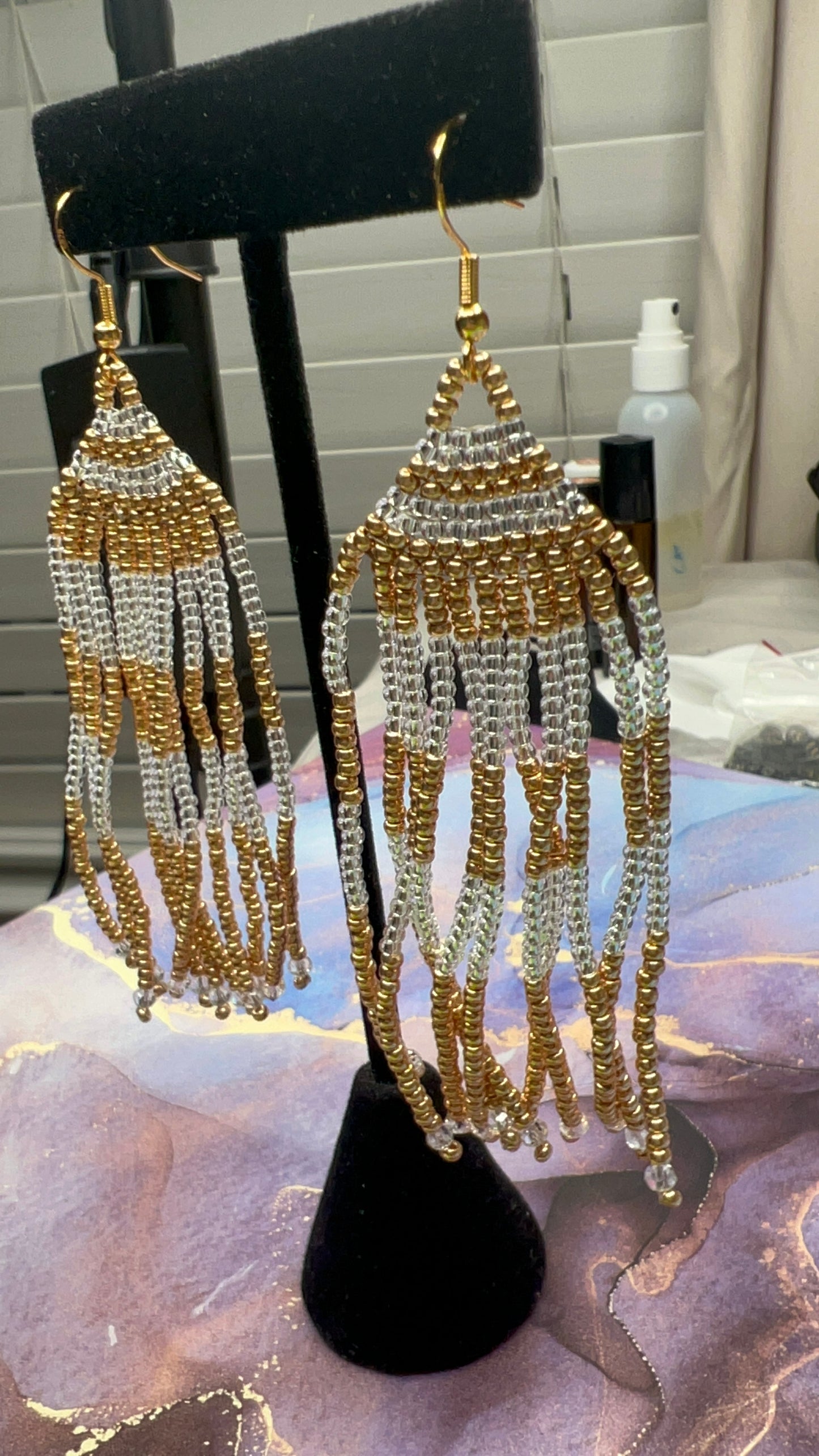 Gold and Clear/Silver Beaded Fringe Earrings with clear crystals