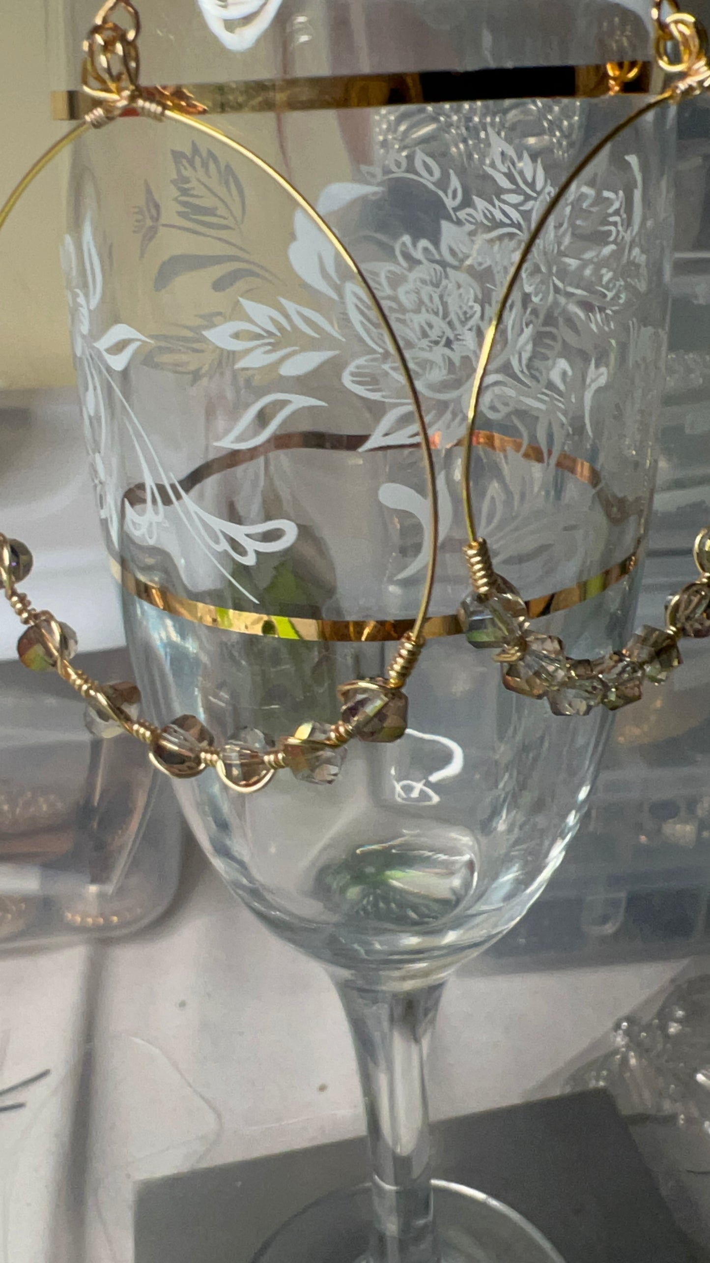 Slate/Dark Vitrail  Crystal and Gold Large Lightweight Hoop Earrings