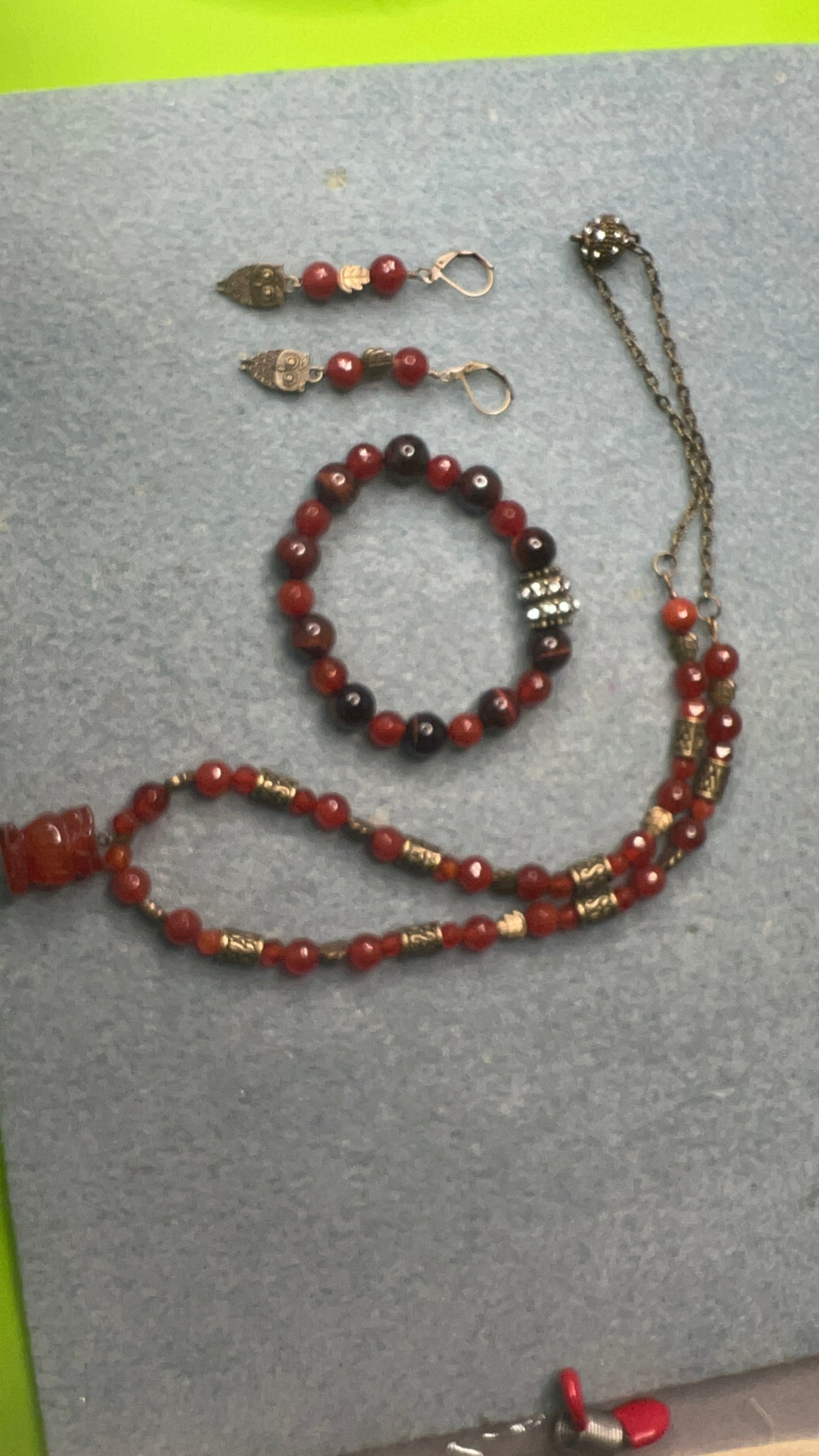 Carnelian and Red Tiger Eye with Carnelian Owl Pendant Necklace and magnetic clasp