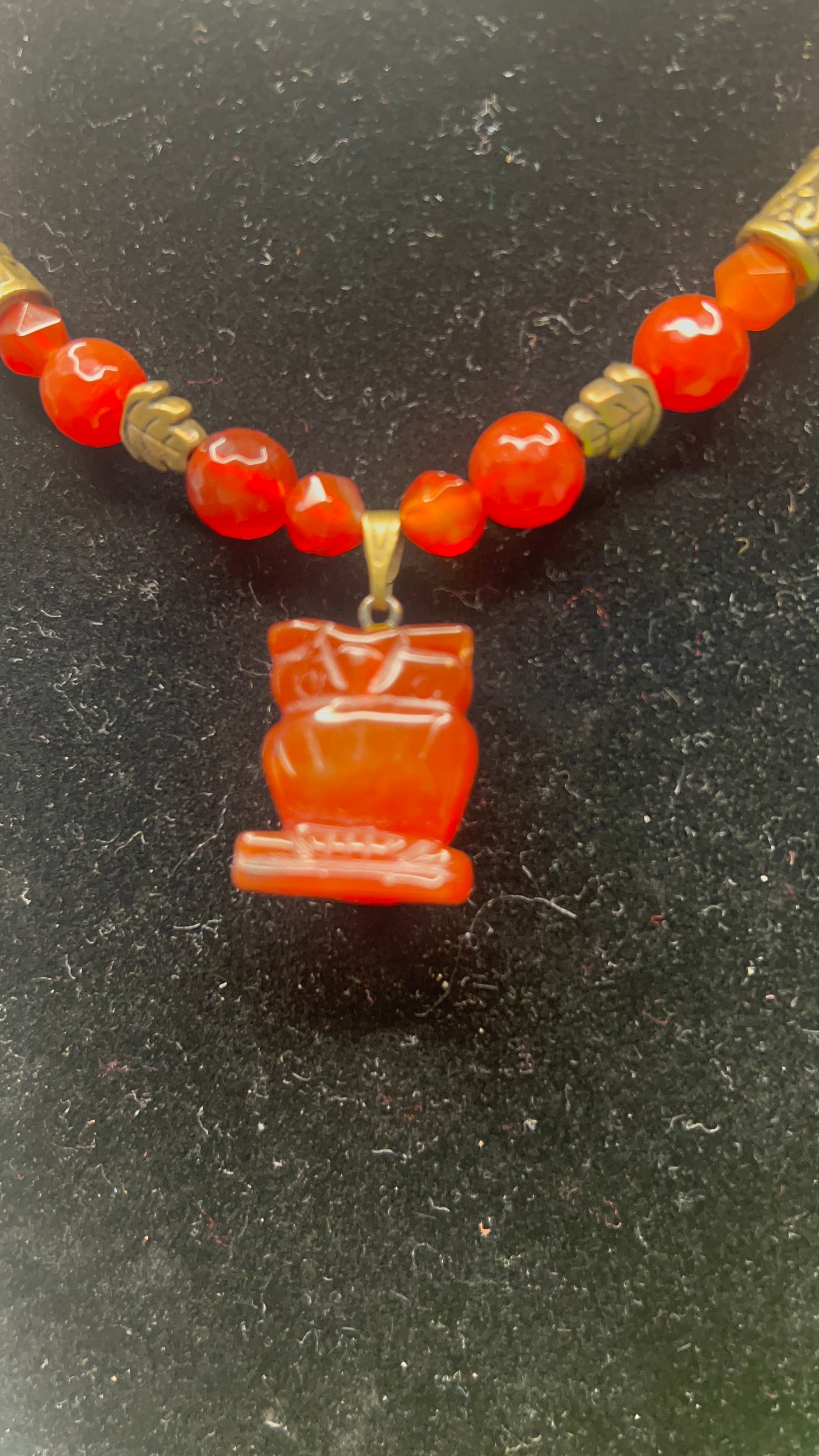 Carnelian and Red Tiger Eye with Carnelian Owl Pendant Necklace and magnetic clasp