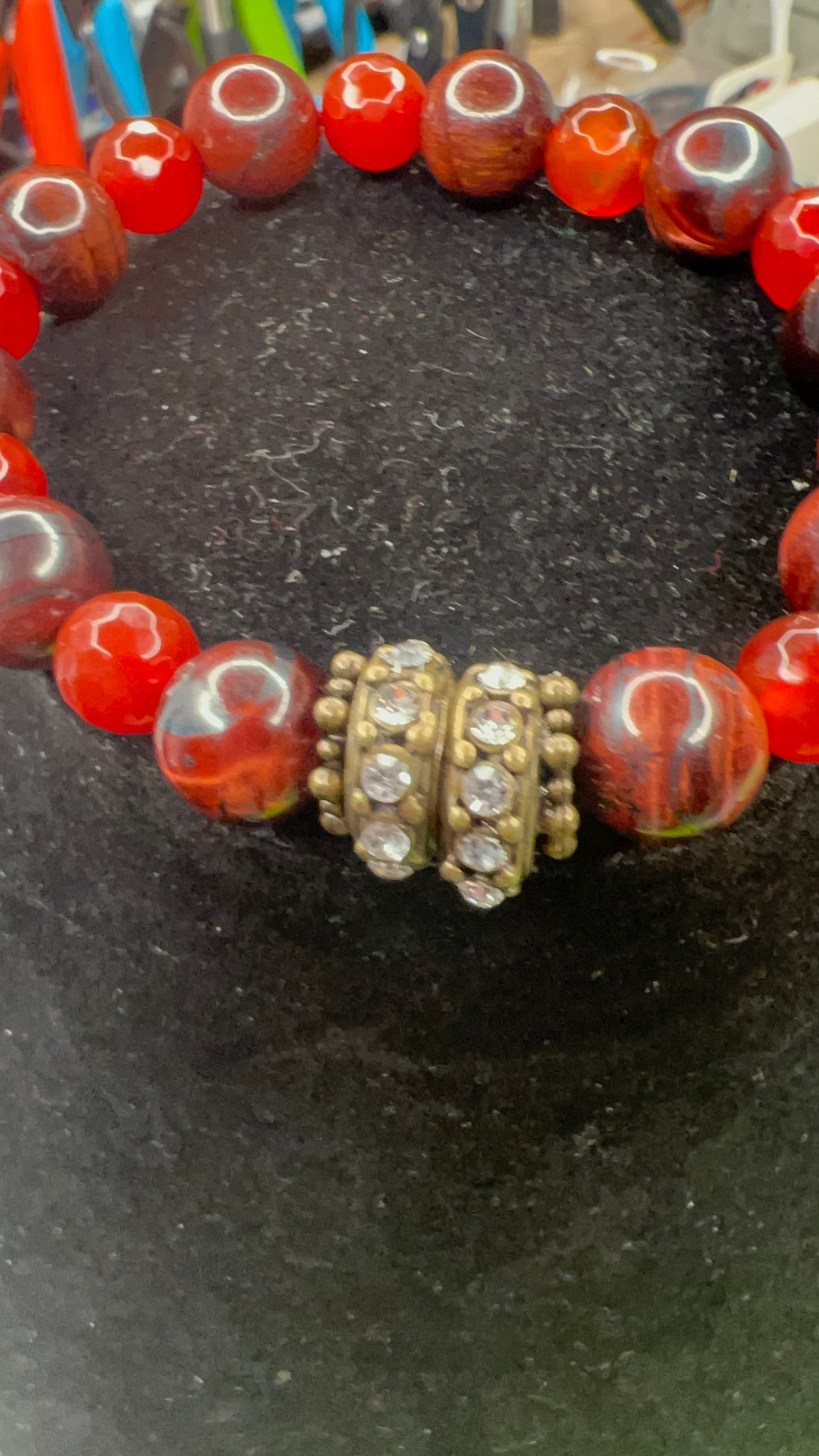 Carnelian and Red Tiger Eye and Bling Stretch Bracelet