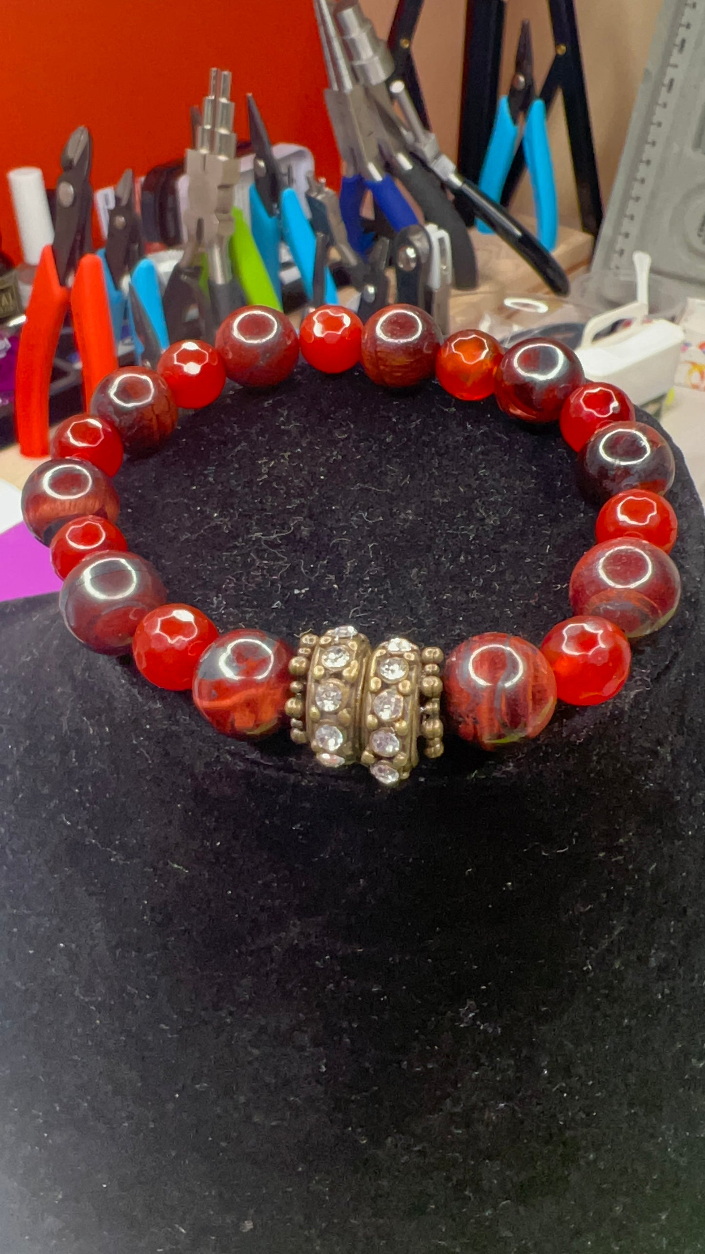 Carnelian and Red Tiger Eye and Bling Stretch Bracelet