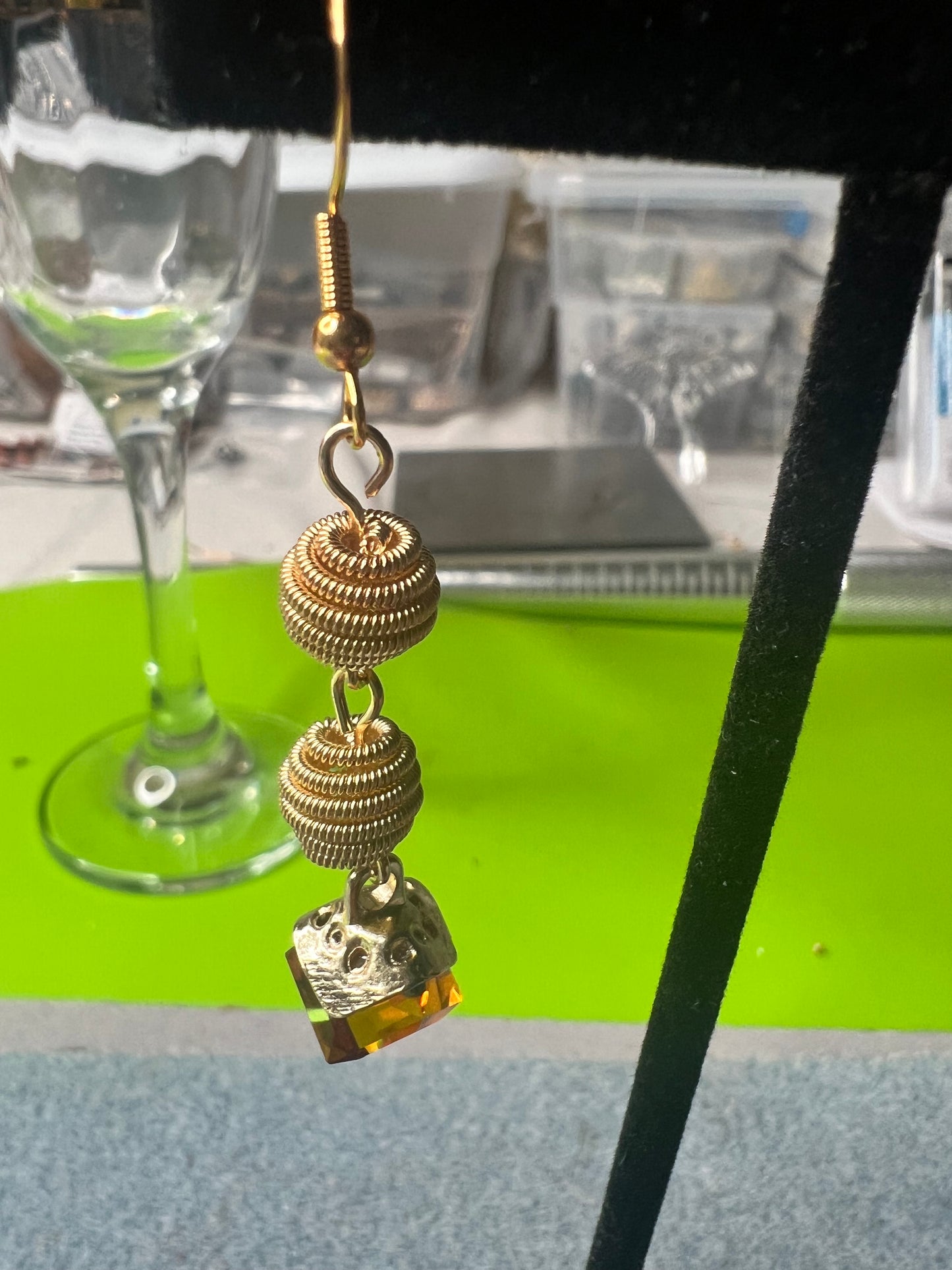 Gold Rope Balls and Amber Crystal Earrings