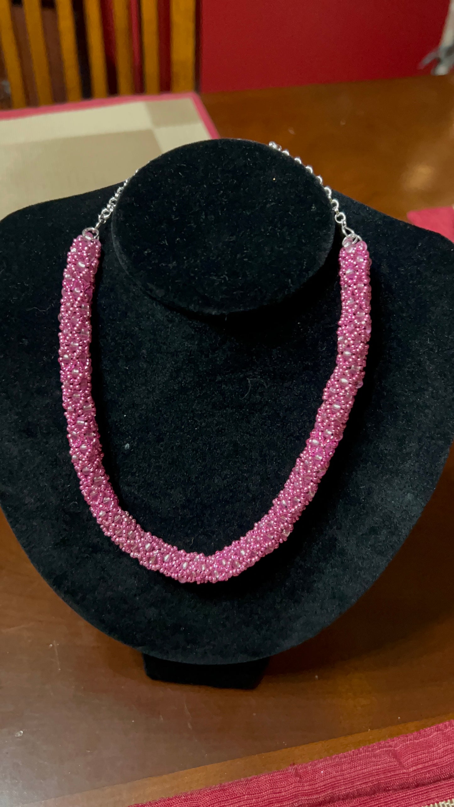 In The Pink Hand-woven  Necklace/Choker with silver chain