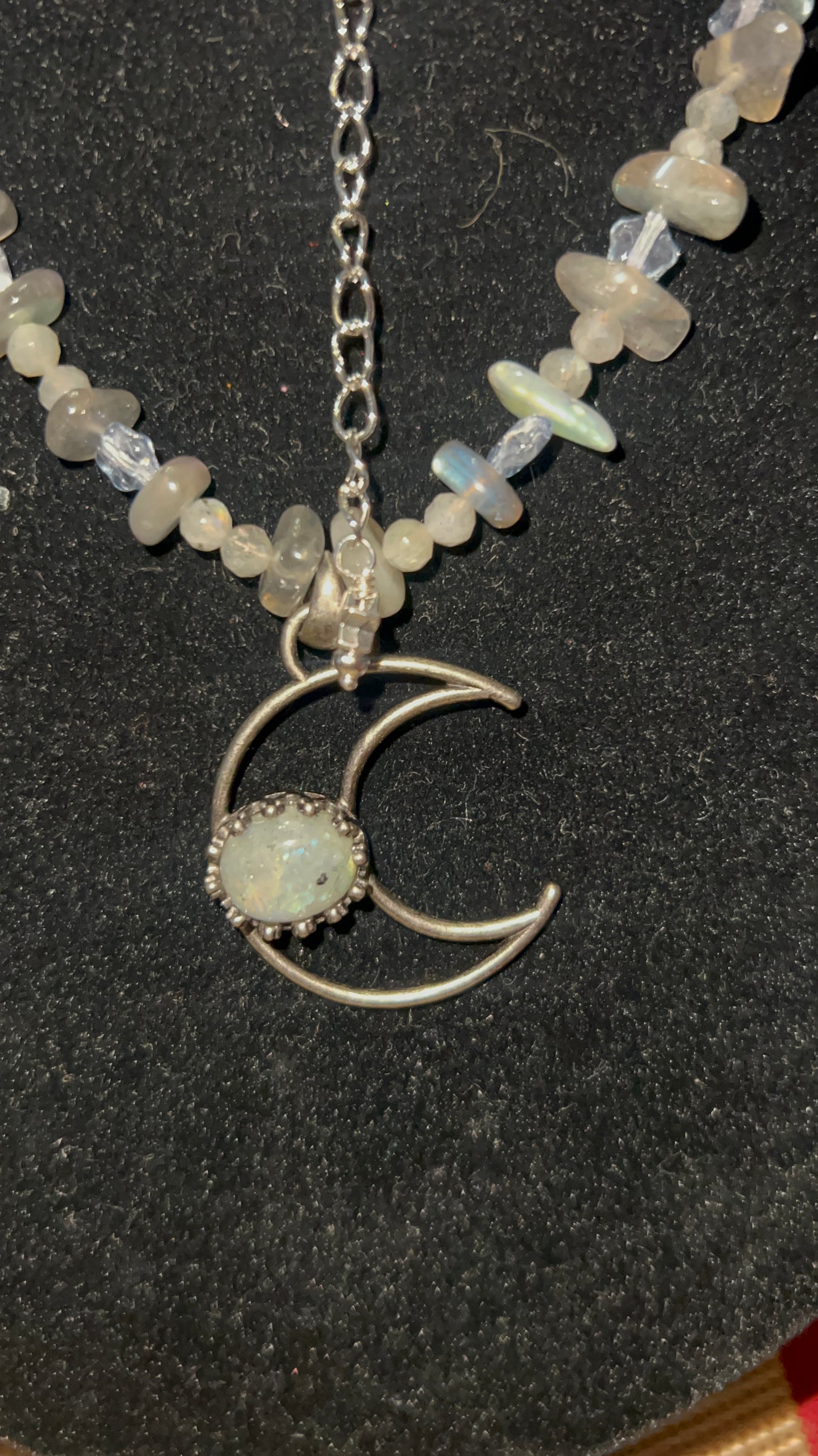 Labradorite Oval Antique Silver Brass Crescent Pendant with Labradorite chips and bead Necklace with Silver Chain