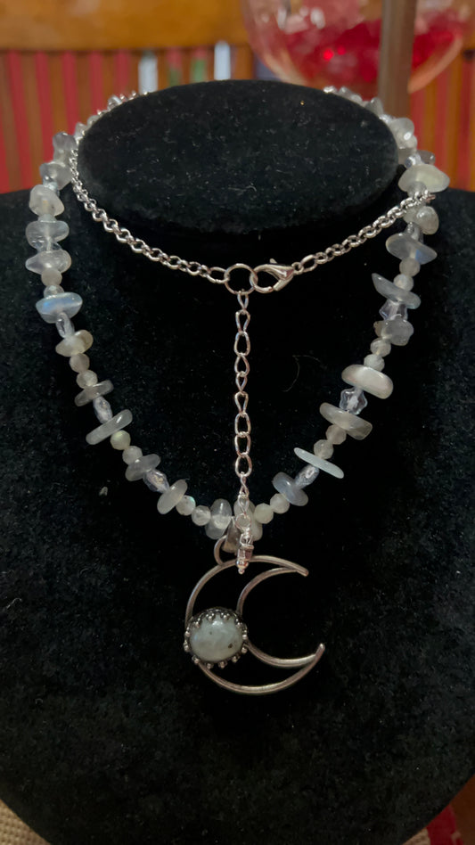 Labradorite Oval Antique Silver Brass Crescent Pendant with Labradorite chips and bead Necklace with Silver Chain