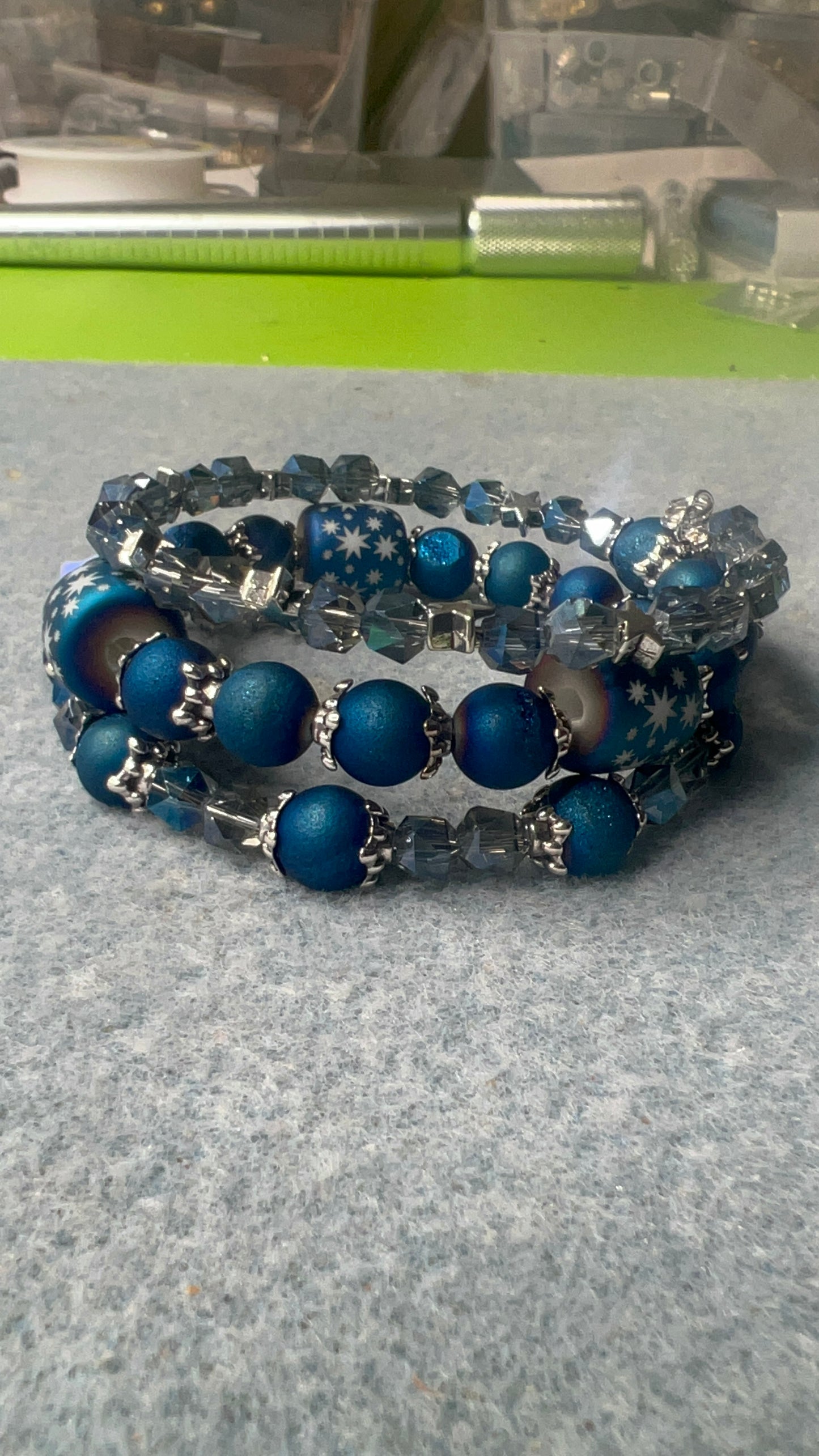 Blue druzy agate, Starburst-Pattern blue and white cylinder, Frosted Glass and Steel Blue Beaded Wrap Bracelet